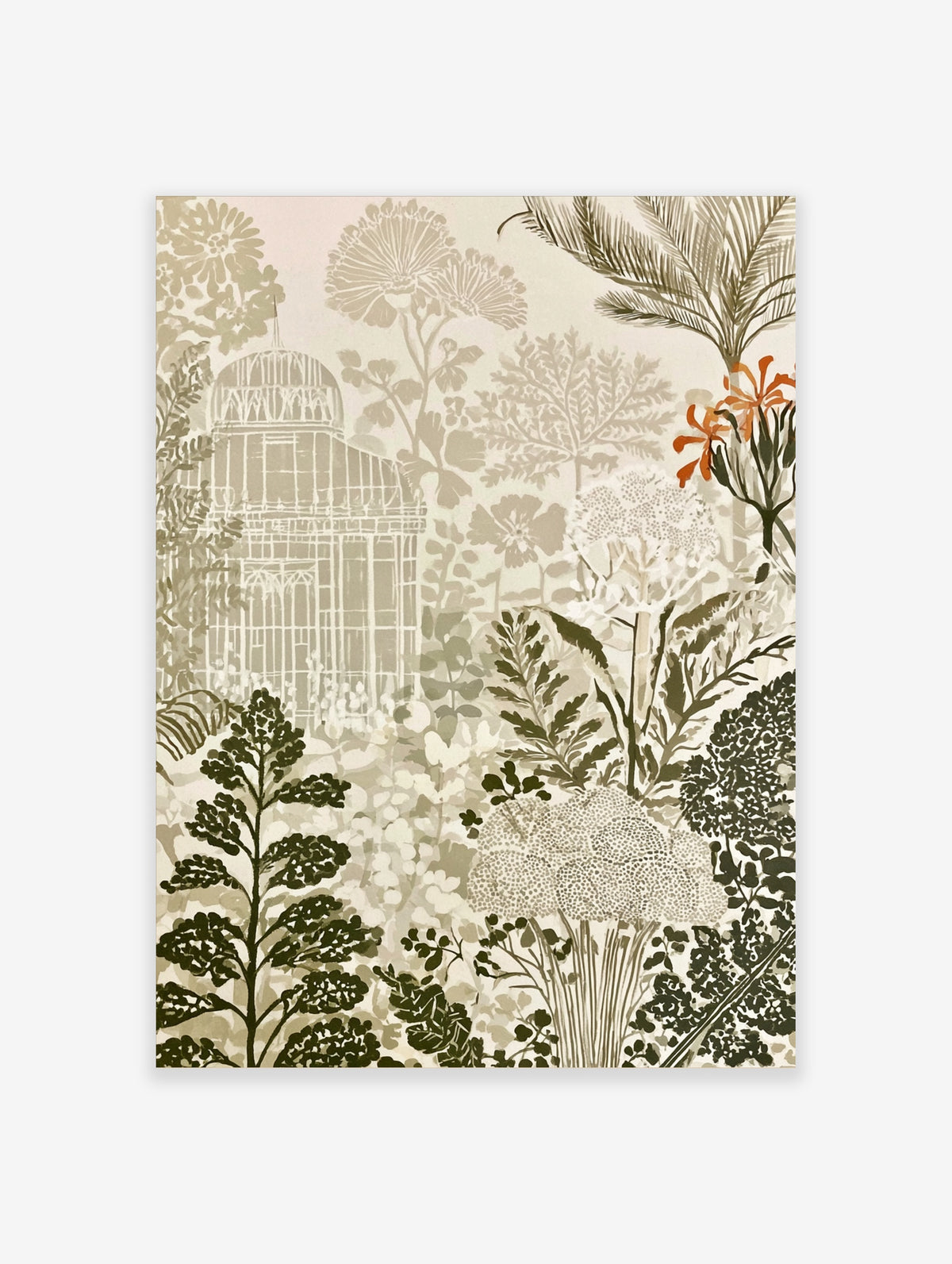 Botanical greenhouse art print with palm fronds and green foliage in beige and olive tones