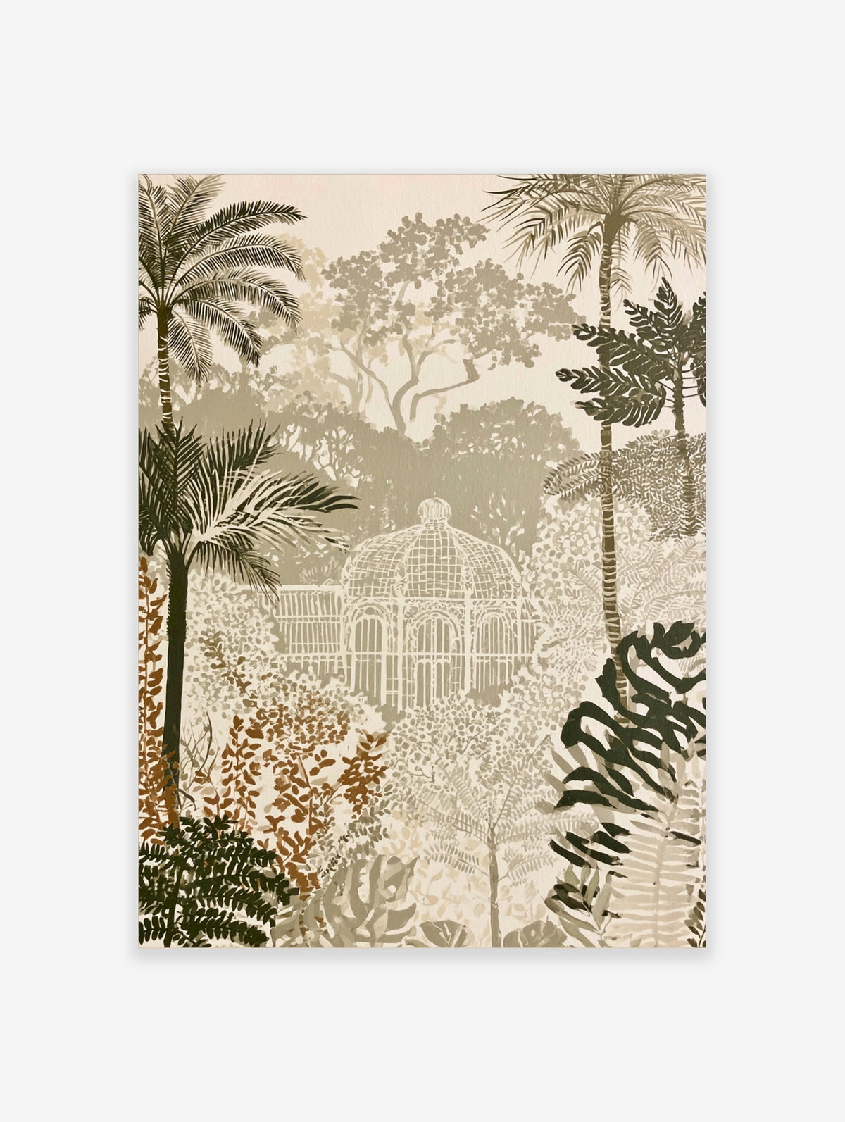 Botanical greenhouse art print with tropical palm leaves and domed glasshouse in beige and green tones