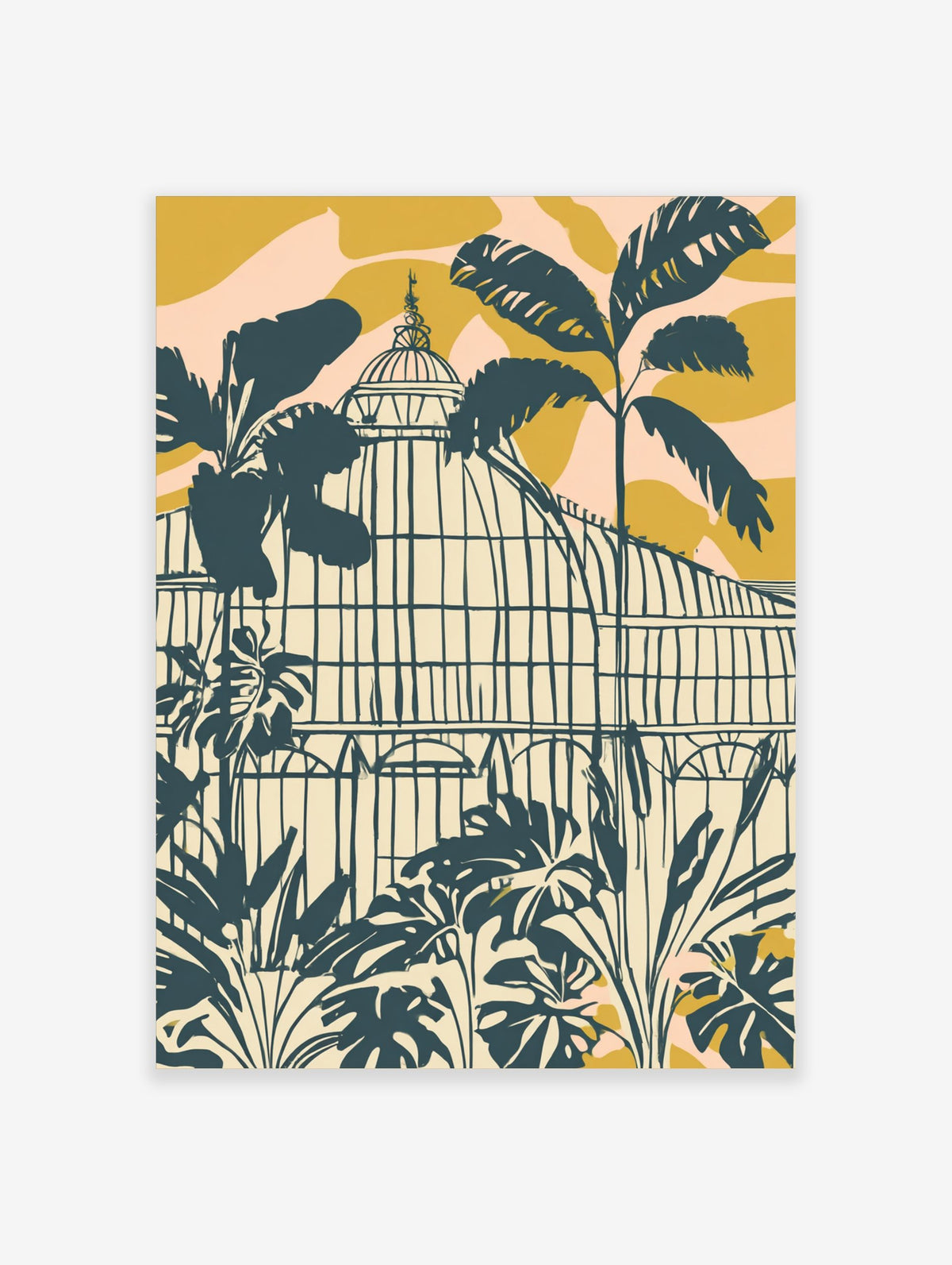 Illustrative botanical greenhouse with tropical plants in dark teal, cream, golden yellow, and pink
