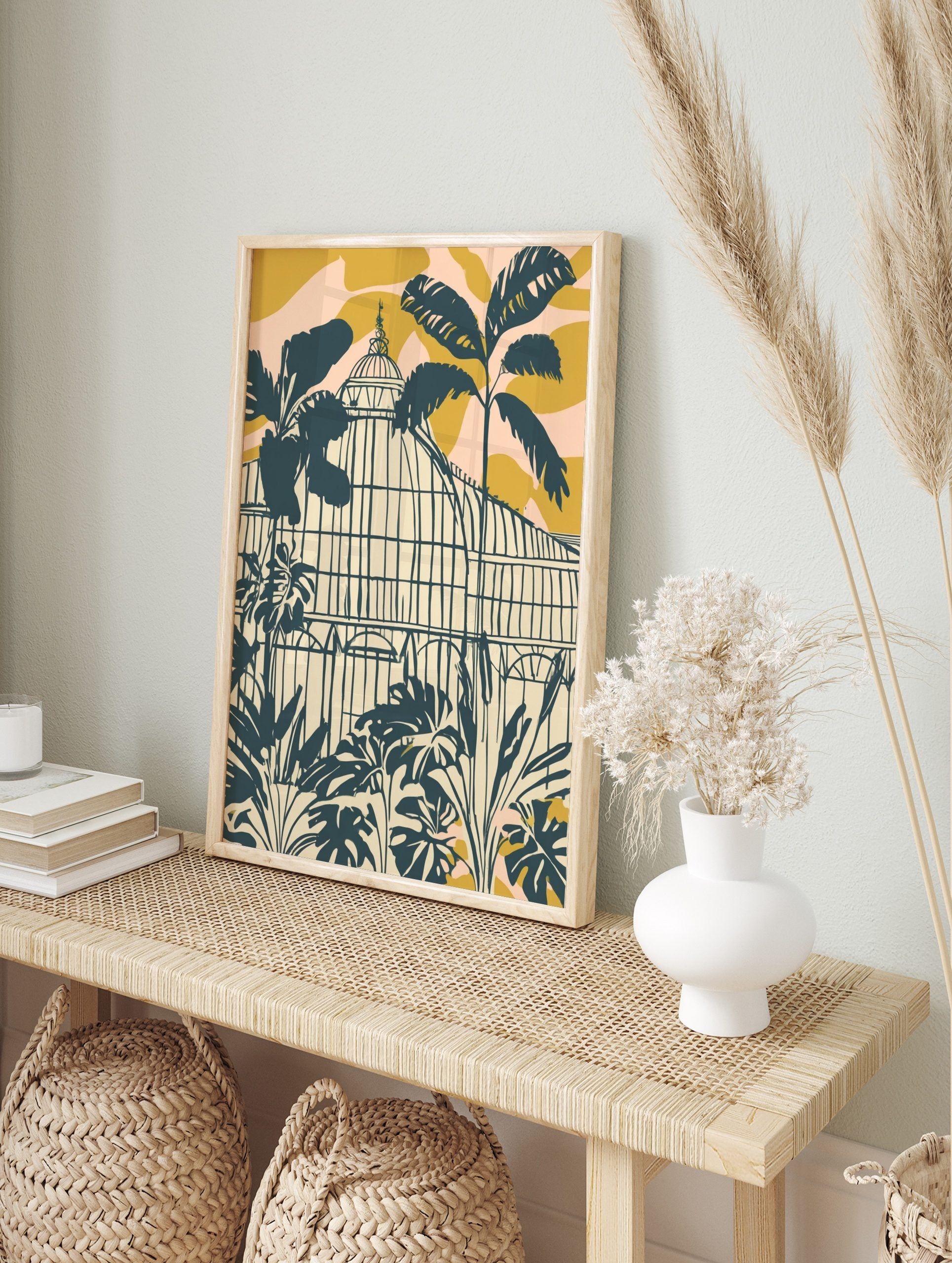 Illustrative botanical greenhouse with tropical plants in dark teal, cream, golden yellow, in an alternate framed mockup