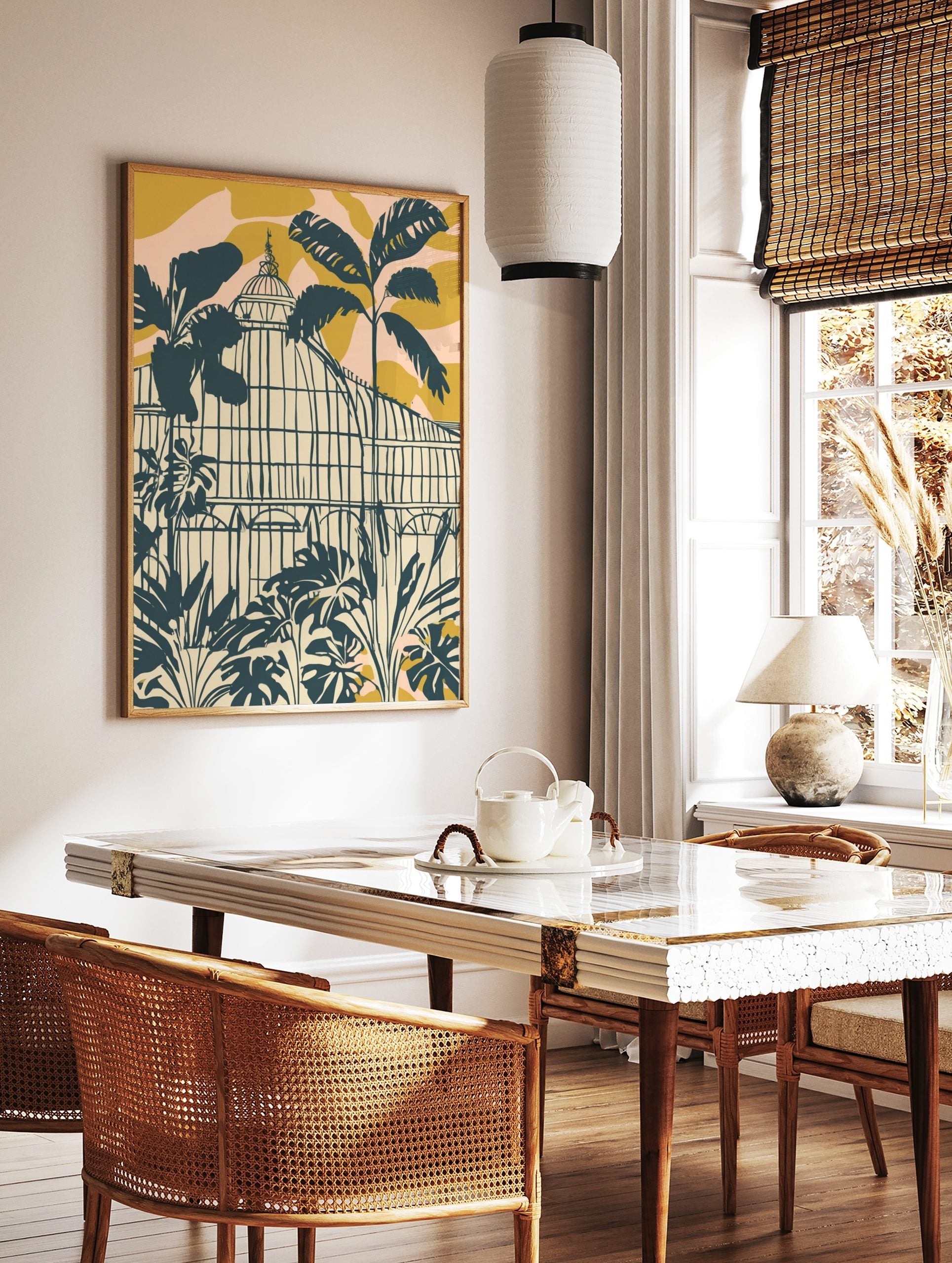 Illustrative botanical greenhouse with tropical plants in dark teal, cream, golden yellow, and pink, in a styled room mockup