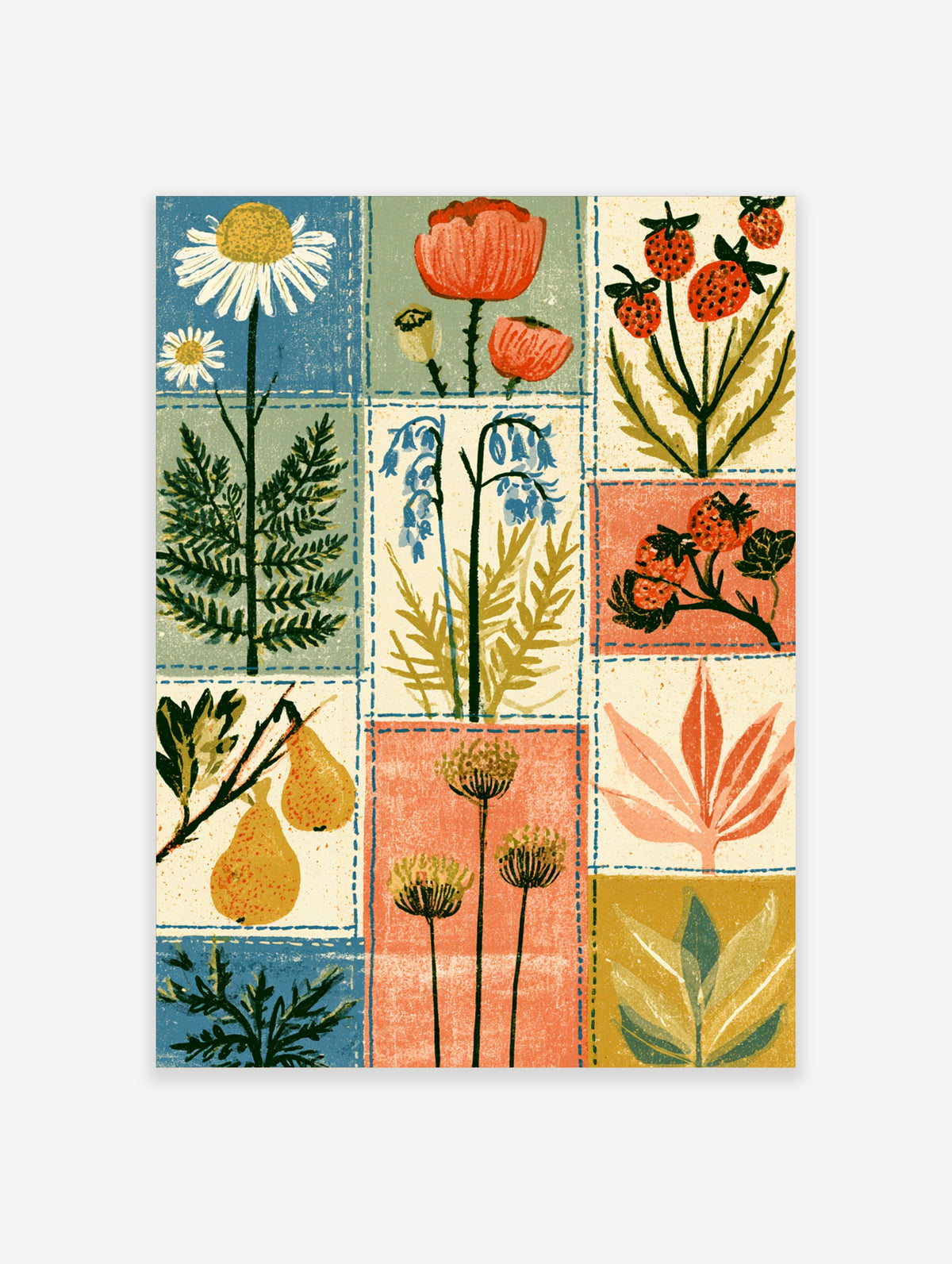 Colourful botanical grid art print with daisies, poppies, strawberries, pears and bluebells in patchwork panels