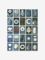 Grid artwork with cats, flowers, pottery, and celestial symbols in blue, white, and brown on a paper wall art print