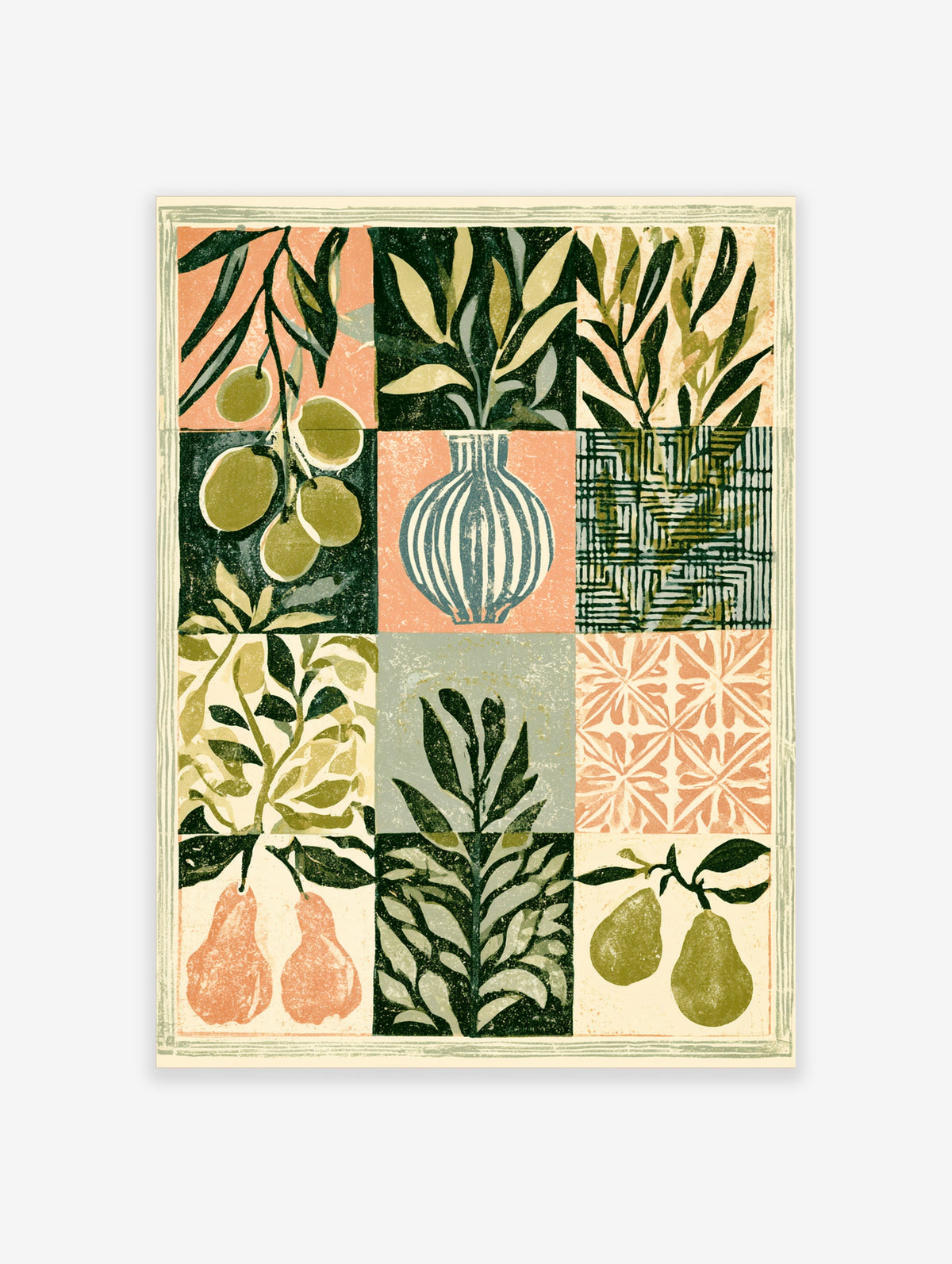 Botanical grid art print with olive branches, pears, striped vase, and geometric patterns in green and coral