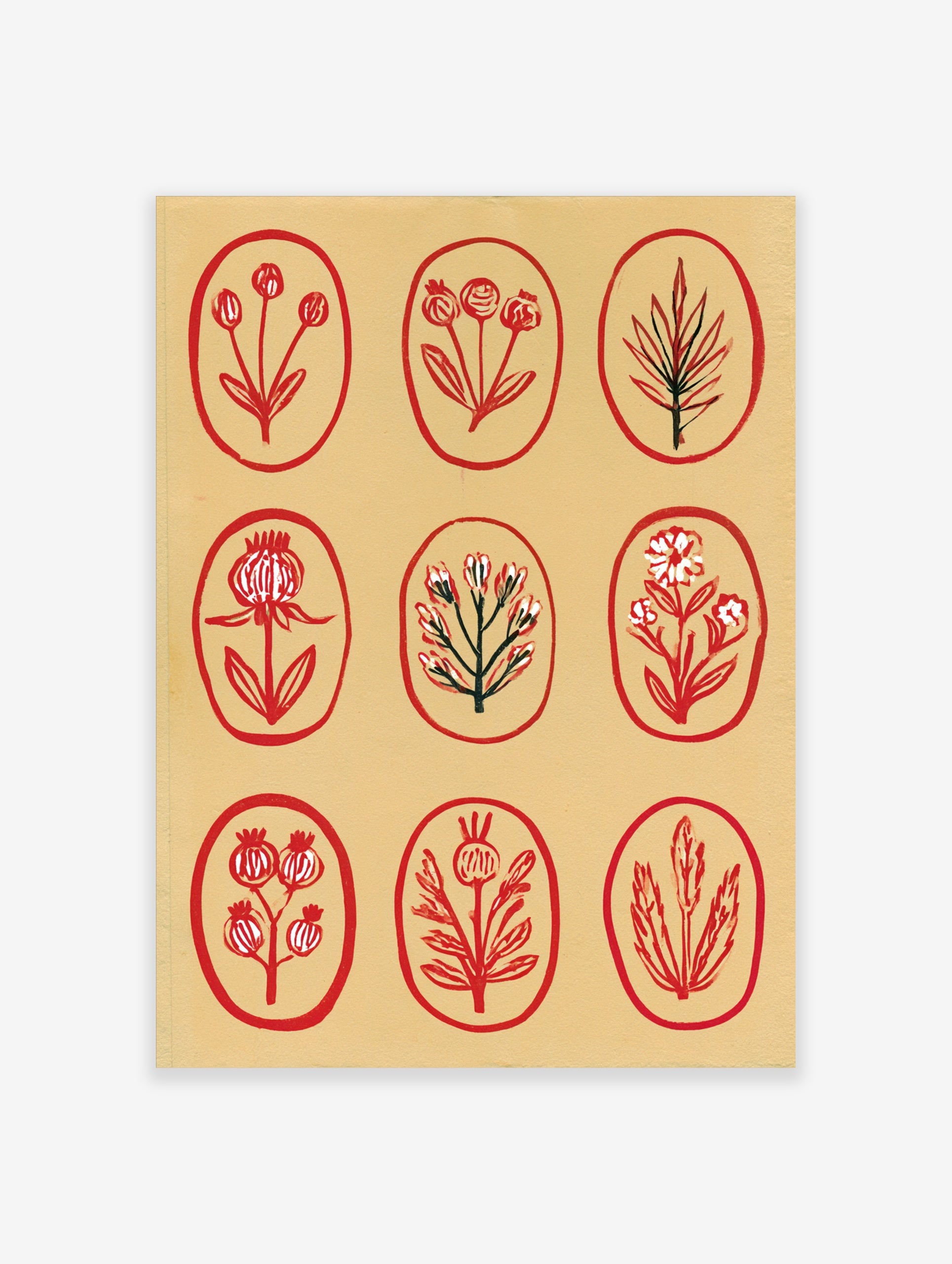 Botanical grid wall art print featuring nine red floral and leaf illustrations inside oval frames on a cream background