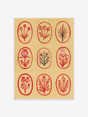 Botanical grid wall art print featuring nine red floral and leaf illustrations inside oval frames on a cream background