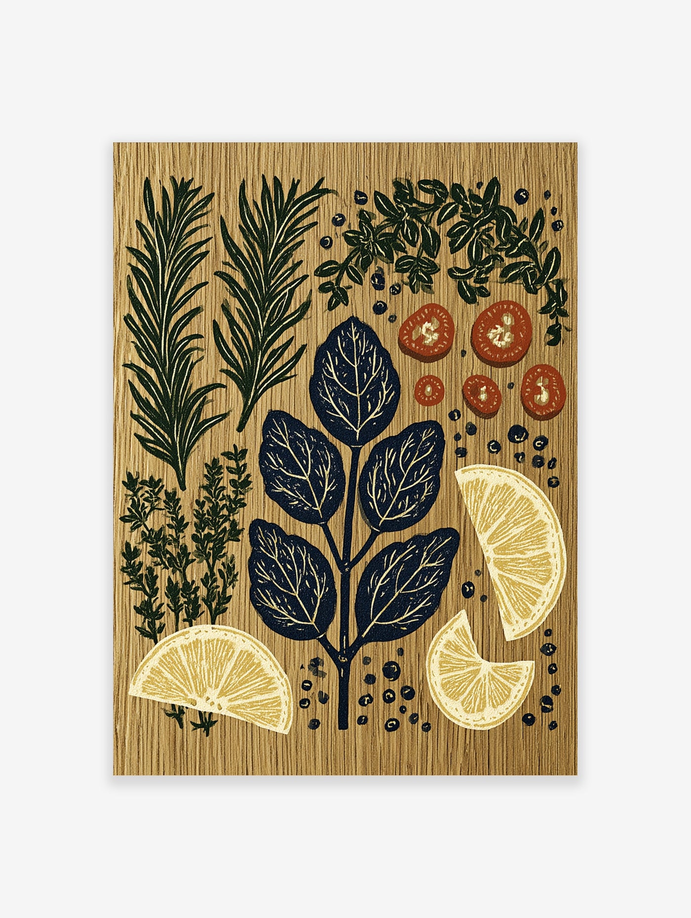 Botanical herb and lemon print with rosemary, thyme, and basil on a wood-grain background, illustrative kitchen wall art