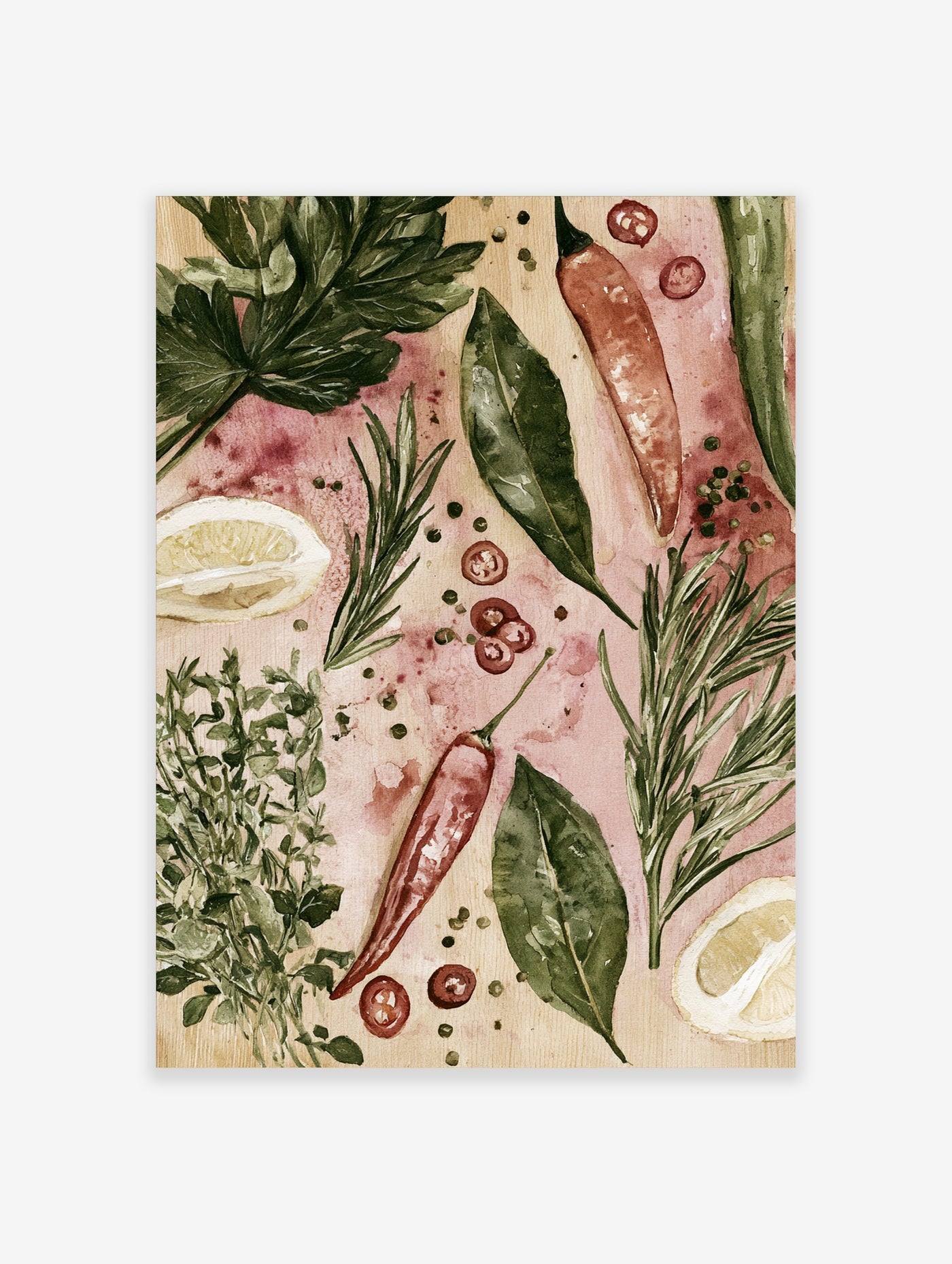 Botanical watercolour illustration of herbs, spices, and lemon slices on a textured pink background