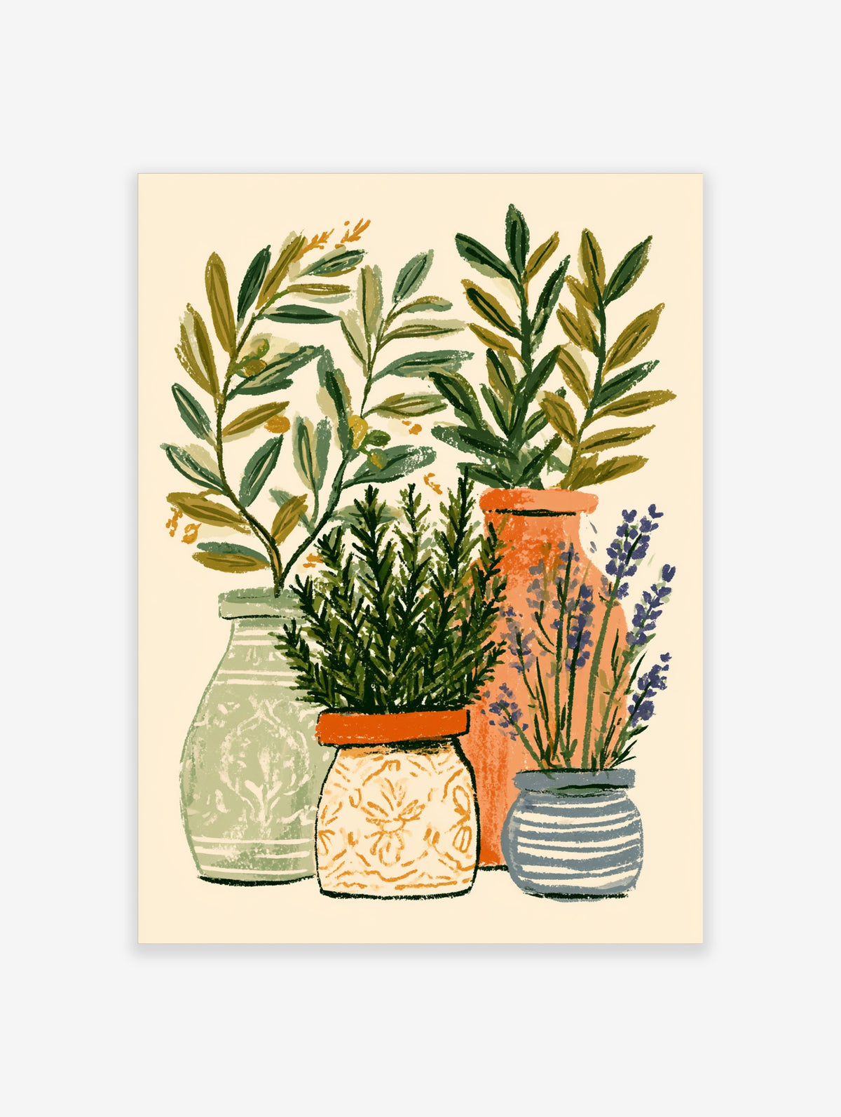 Botanical herb poster with rosemary, lavender, and leafy plants in green, orange, and blue pots on a cream background