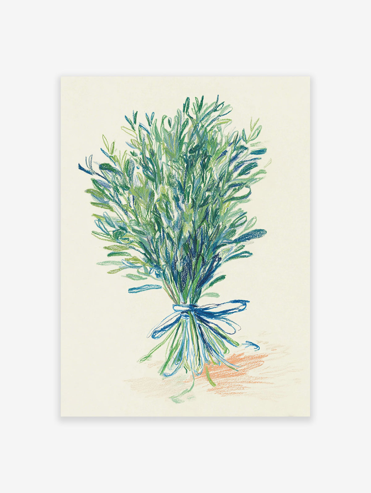 Botanical herb bouquet illustration with green and blue leaves tied with a blue ribbon on a light background