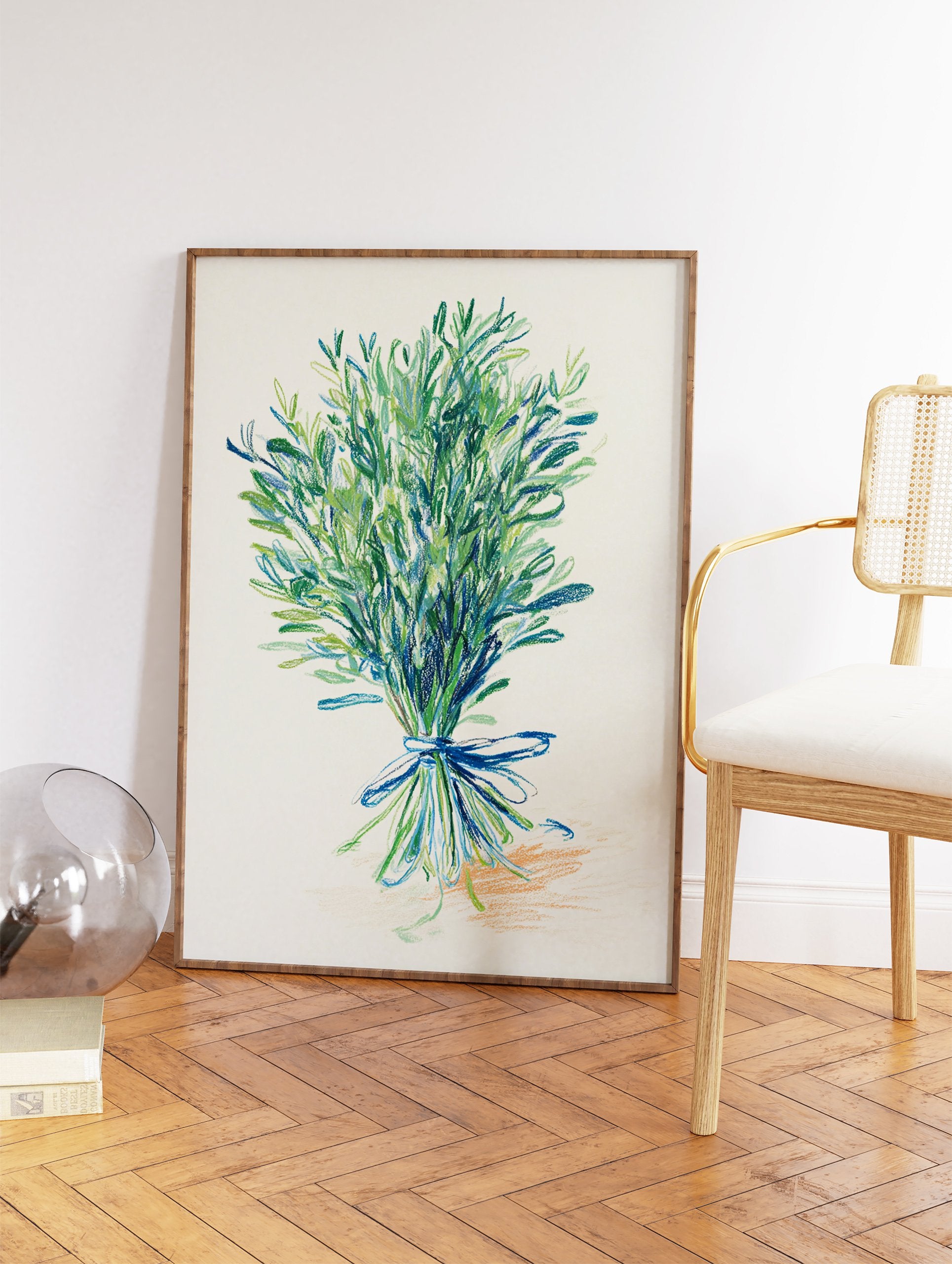 Botanical herb bouquet illustration with green and blue leaves tied with a blue ribbon on a light background - Image 2