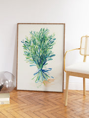 Botanical herb bouquet illustration with green and blue leaves tied with a blue ribbon on a light background - Image 2