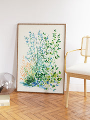 Botanical illustration art print of blue flowers, green herbs, and orange grasses on an off-white background. - Image 2