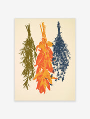 Three bundles of hanging herbs in olive green, orange, and navy blue illustration on an off-white background