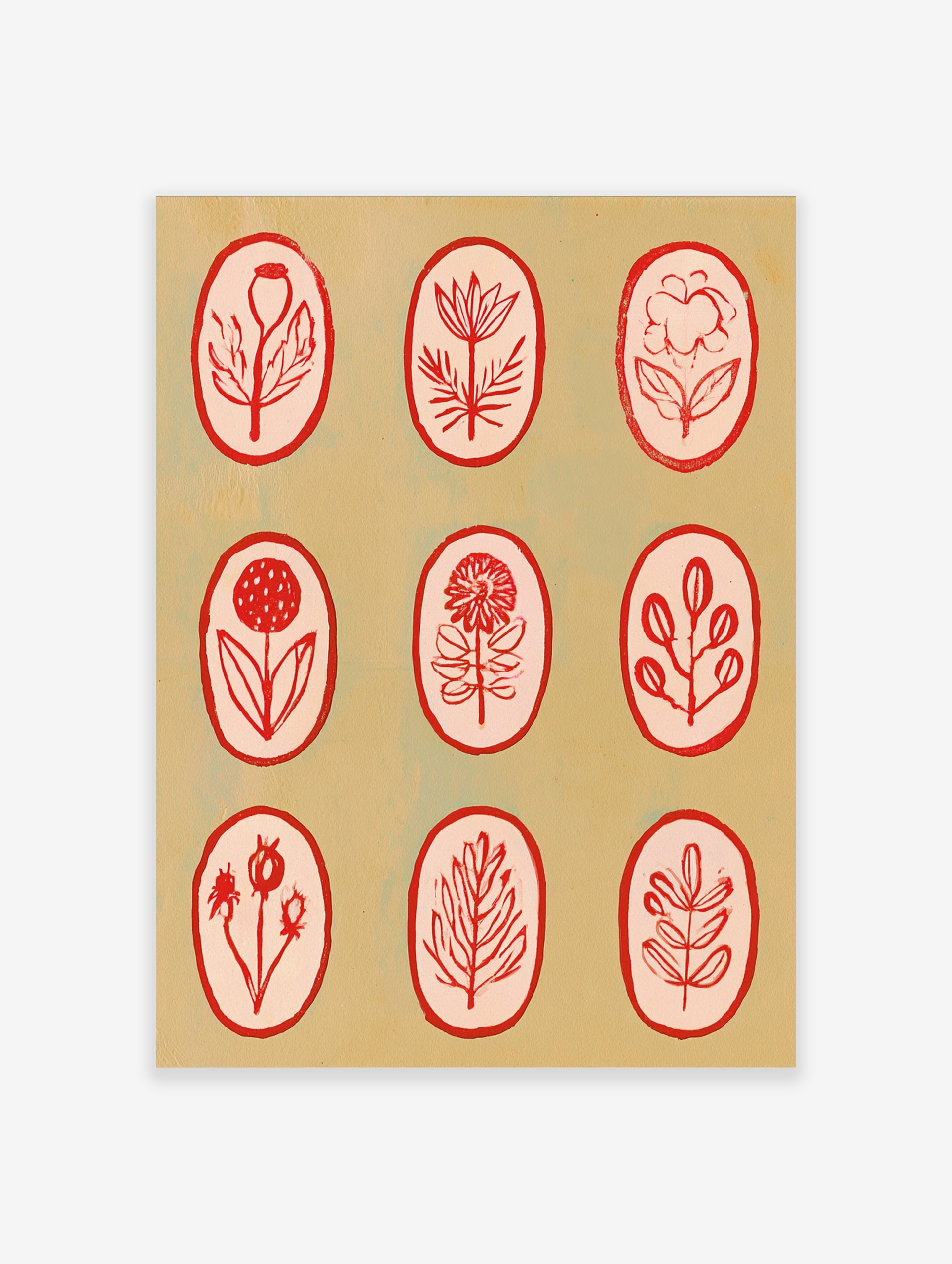 Botanical illustration wall art with nine red line-art flowers in oval frames on a light tan background
