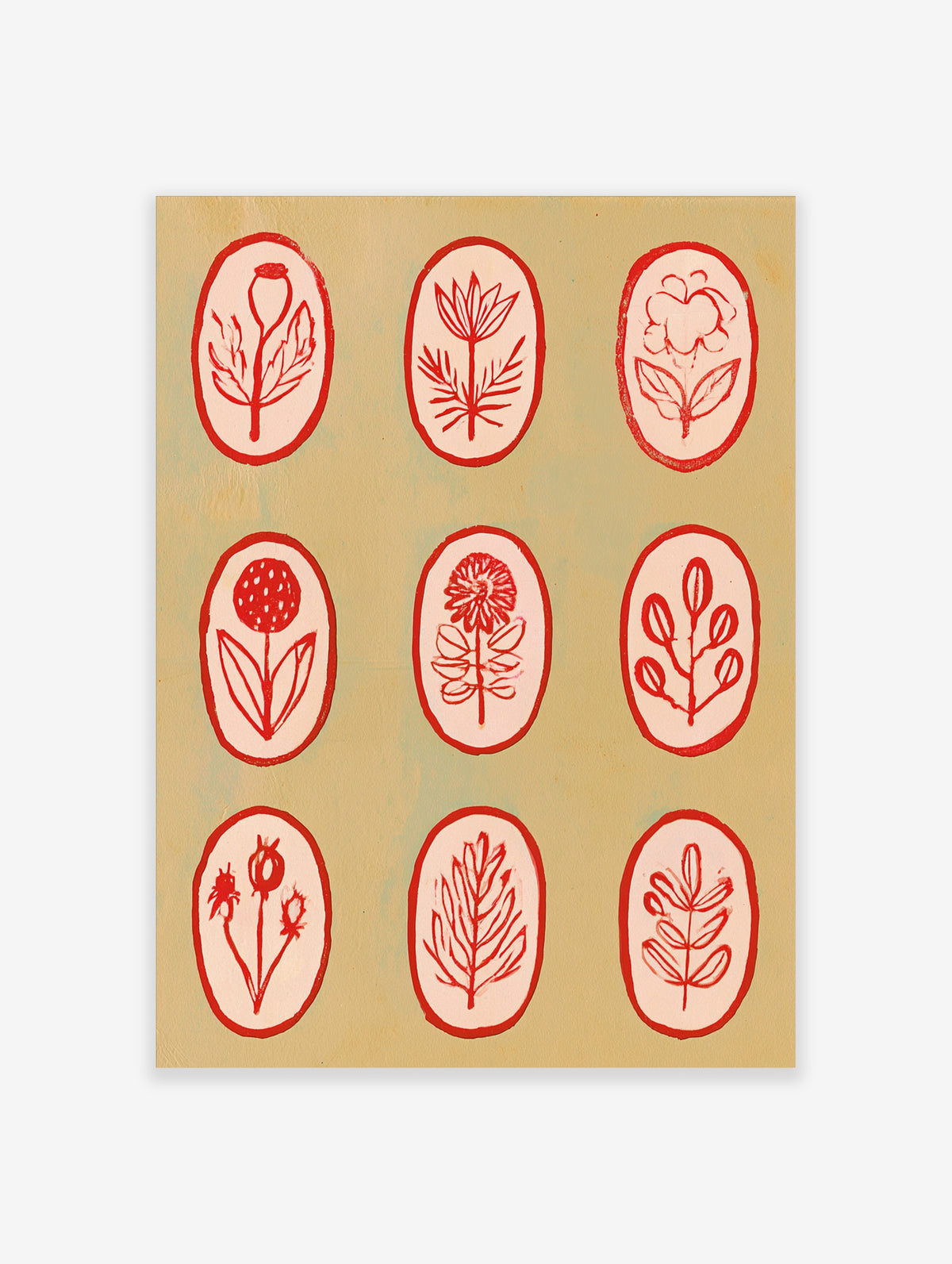 Botanical illustration wall art with nine red line-art flowers in oval frames on a light tan background