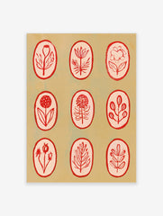 Botanical illustration wall art with nine red line-art flowers in oval frames on a light tan background