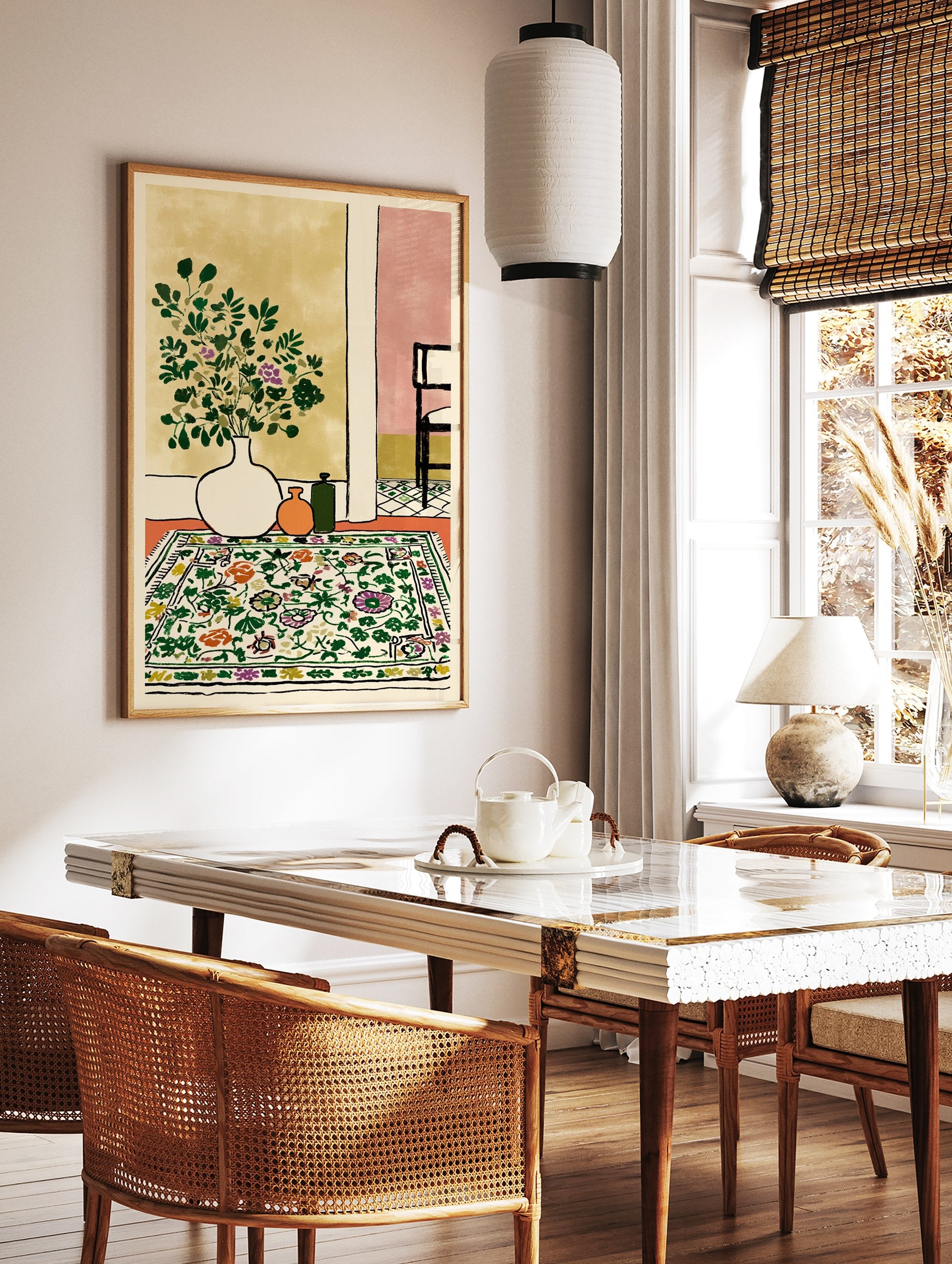 Botanical interior scene wall art print with a white vase of green and purple flowers, orange and green bottles, and a floral patterned rug. - Image 2