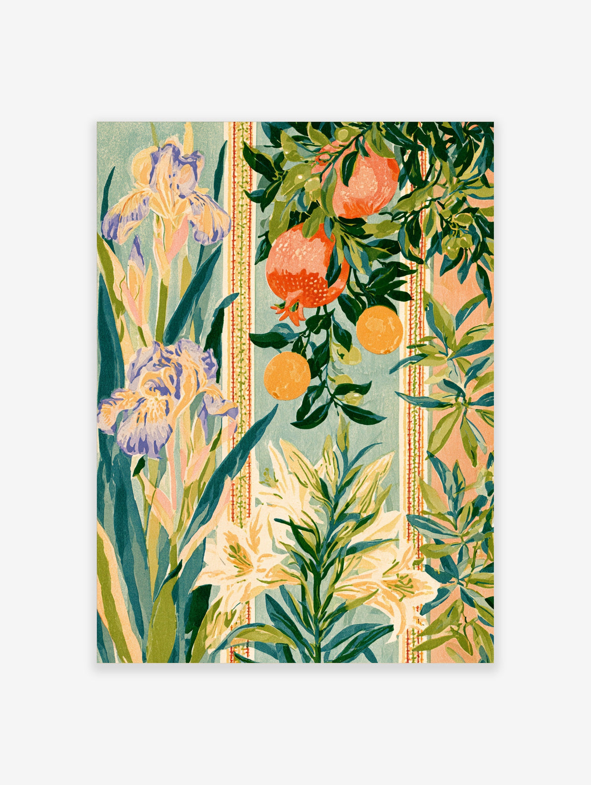 Botanical art print of purple irises, pomegranates, oranges and white lilies on teal striped background