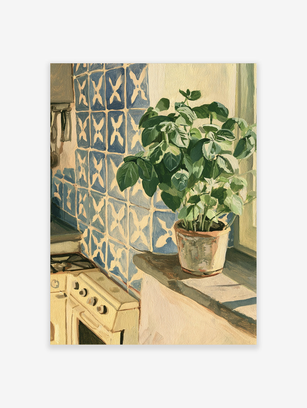 Botanical kitchen poster of a potted basil plant on a sunlit sill beside blue patterned tiles