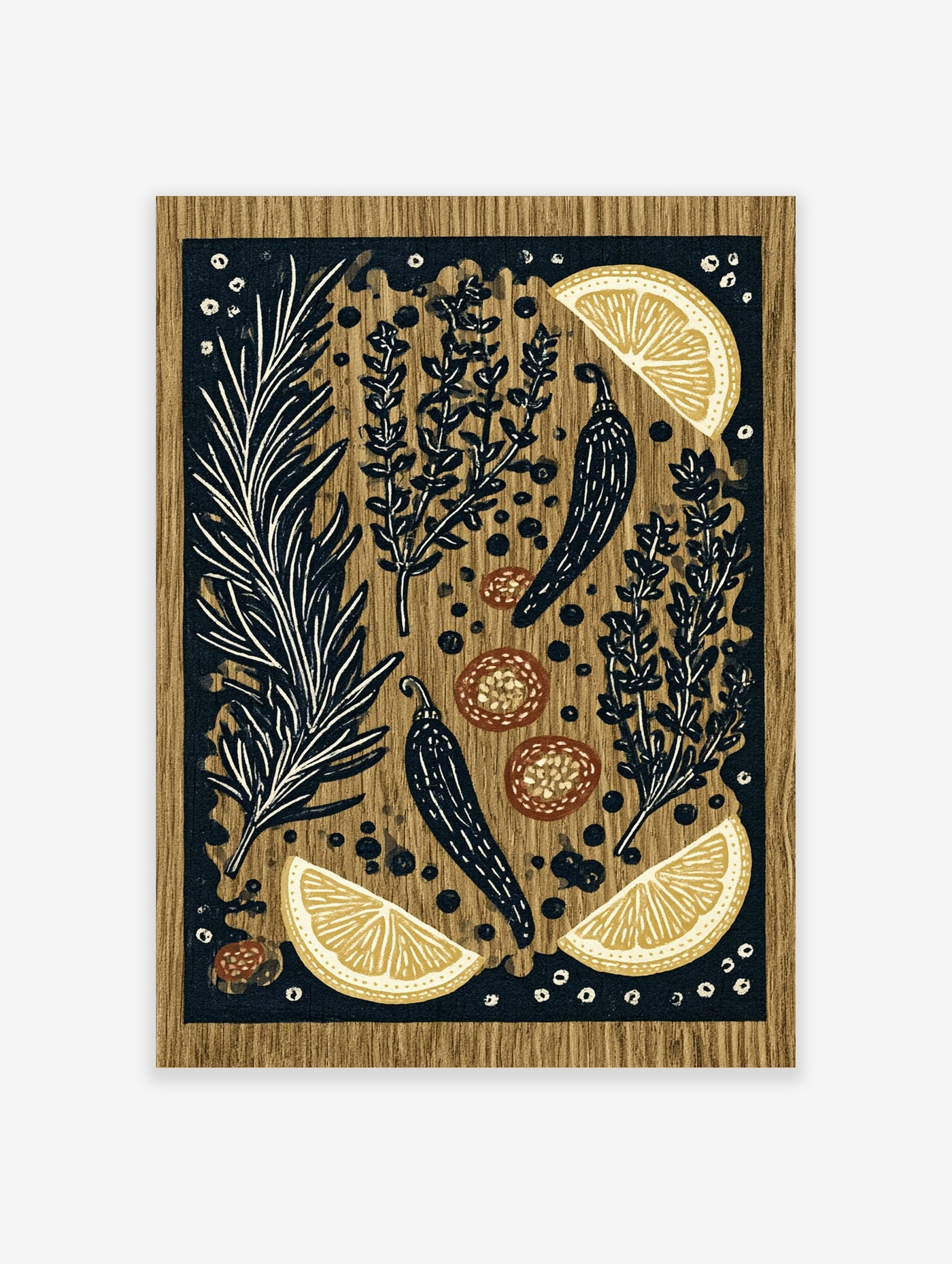 Botanical kitchen illustration featuring rosemary, thyme, chillies, and lemon slices on a wood-effect background