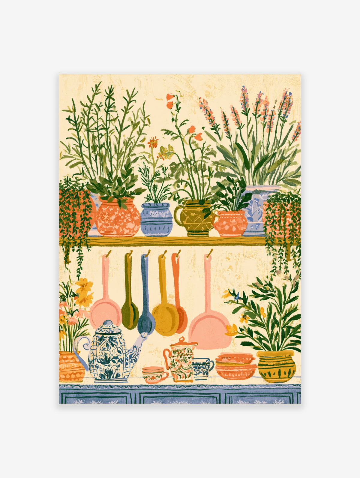 Colourful botanical kitchen print with potted herbs, hanging utensils, and a teapot on a shelf