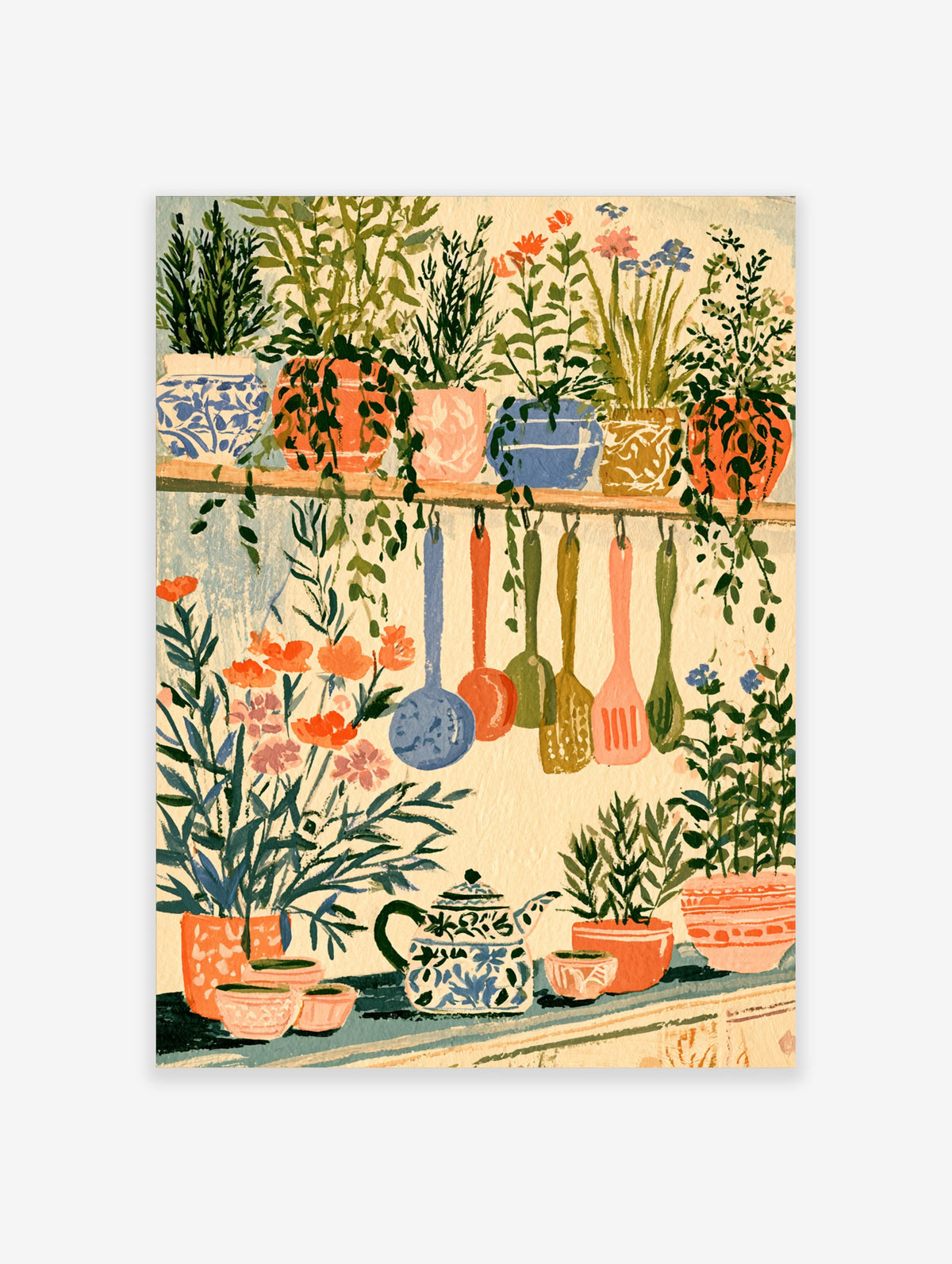 Colourful botanical kitchen art print with potted herbs, hanging utensils, and a blue and white teapot