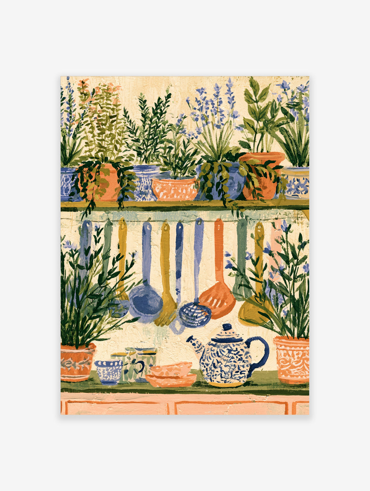 Illustrated kitchen print of potted herbs, hanging utensils, and a blue and white teapot on a shelf