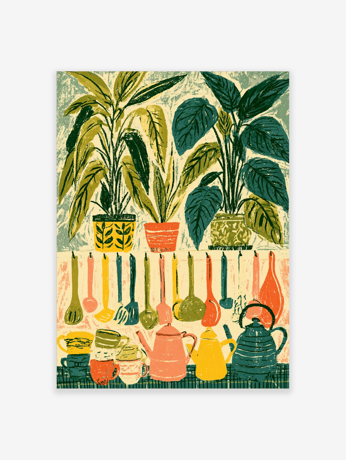 Botanical kitchen art print with potted plants, hanging utensils, and teapots in green, yellow, and coral