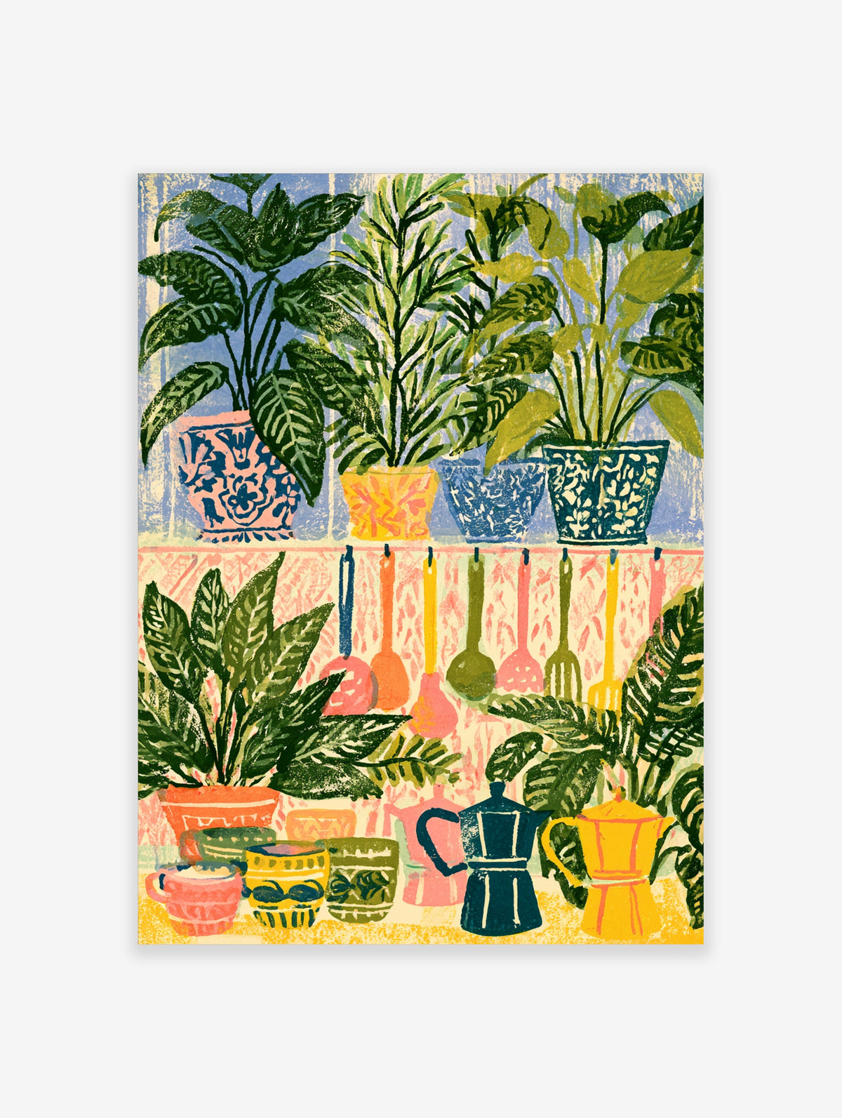 Colourful kitchen art print with potted plants, hanging utensils, and moka pots on a shelf