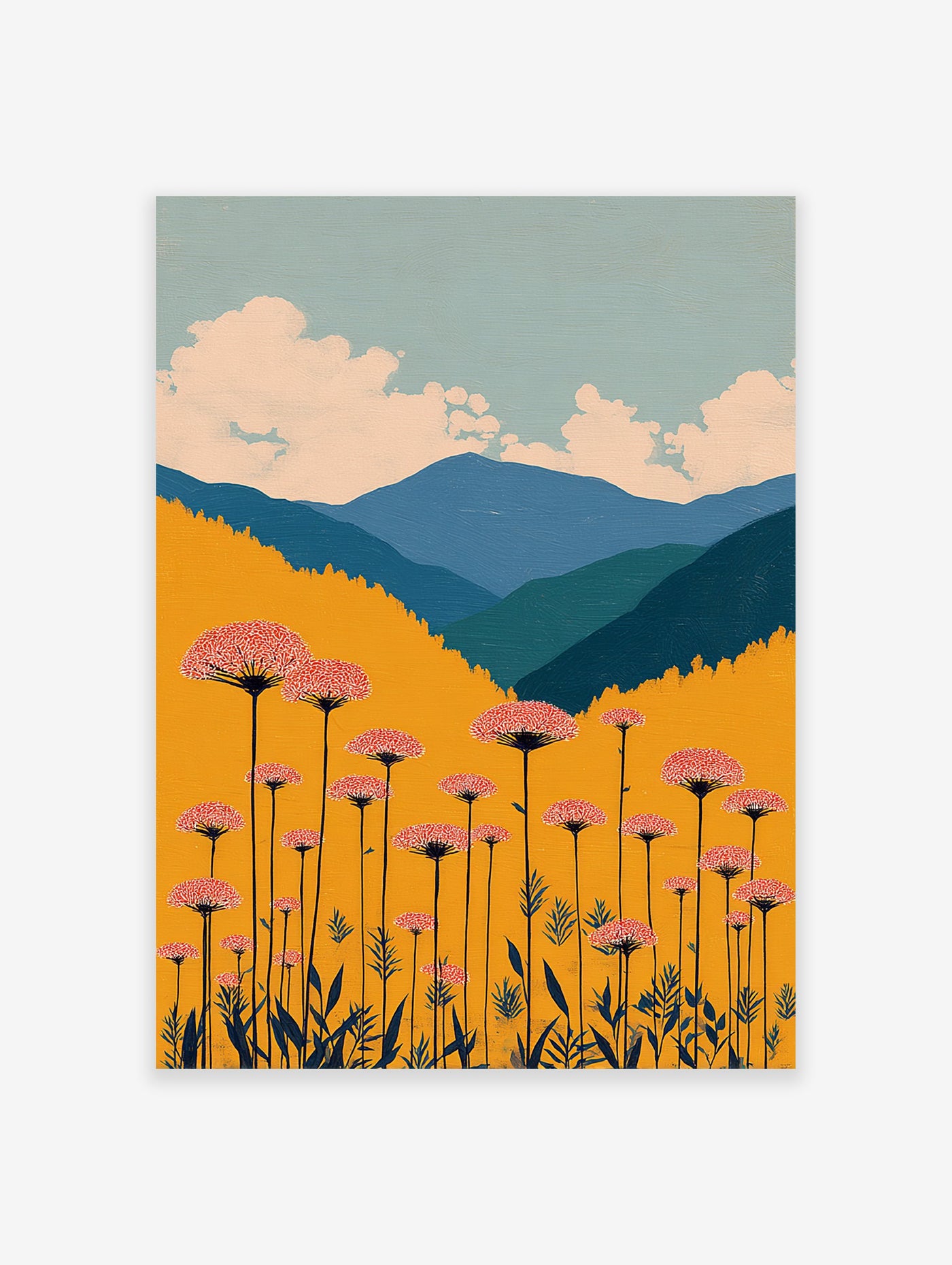 Vibrant botanical landscape wall art featuring pink flowers, golden field, blue mountains, and a cloudy sky.