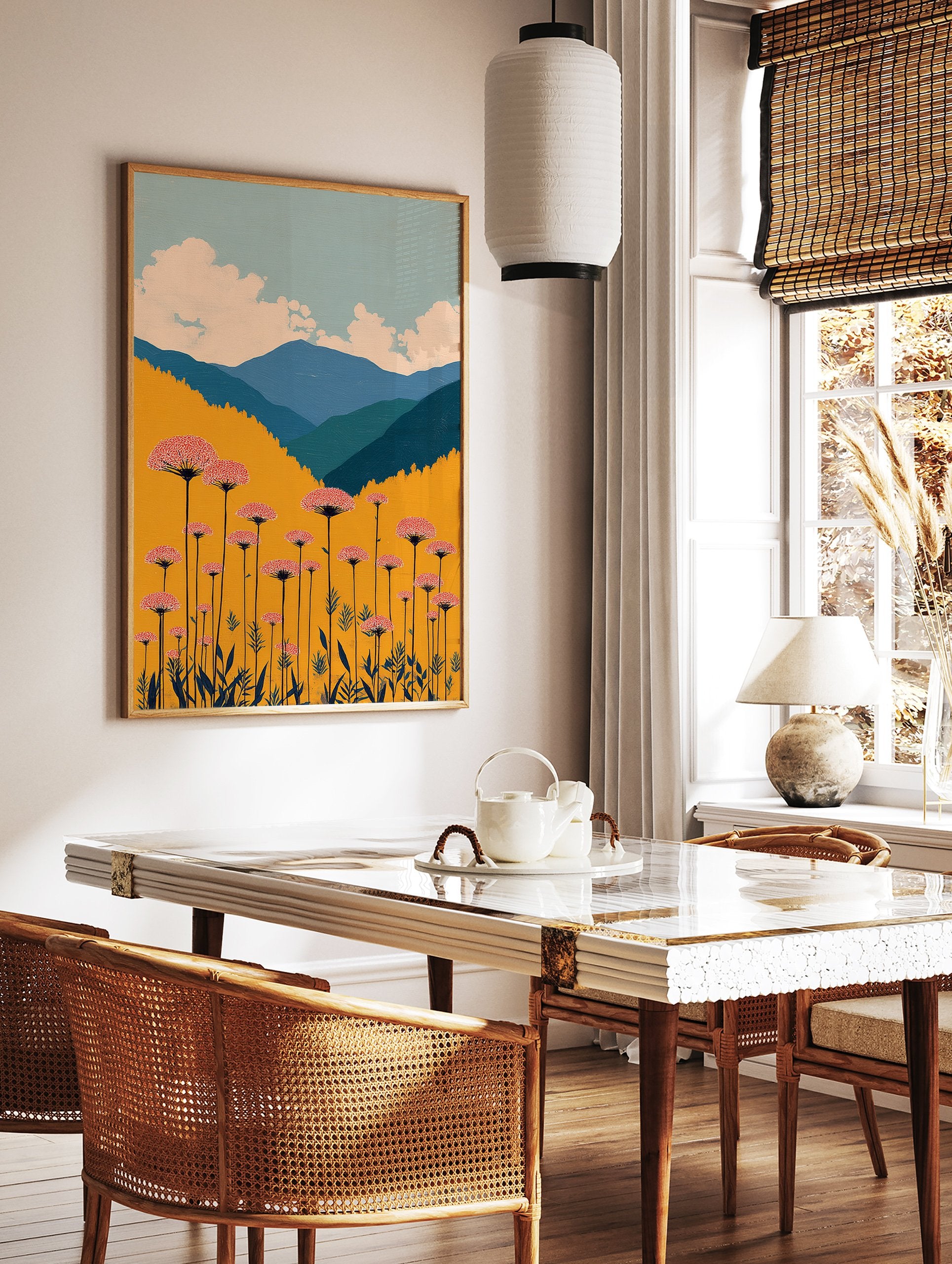 Vibrant botanical landscape wall art featuring pink flowers, golden field, blue mountains, and a cloudy sky. - Image 2