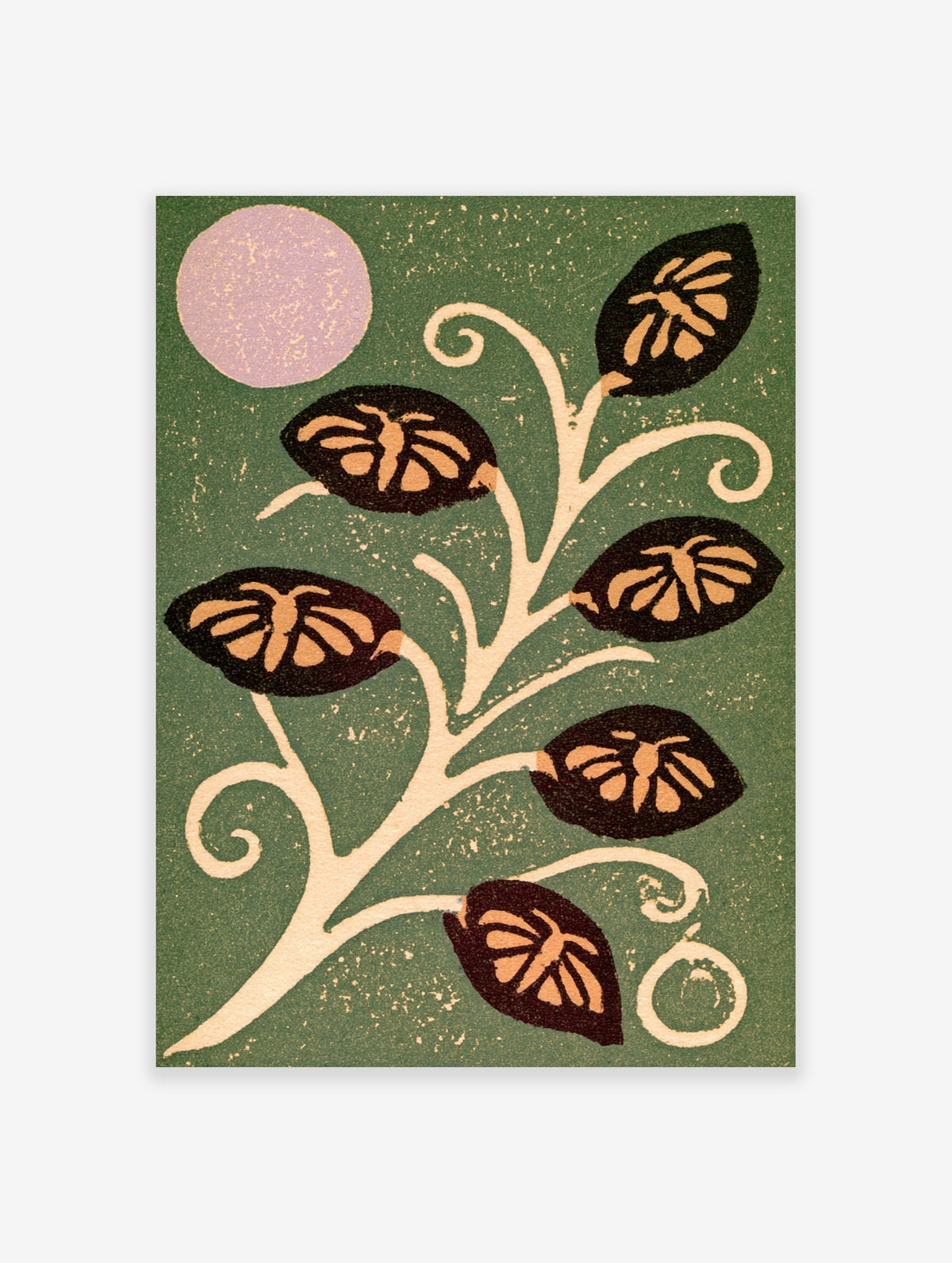 Botanical leaf print with a soft purple moon and green foliage in an illustrative style