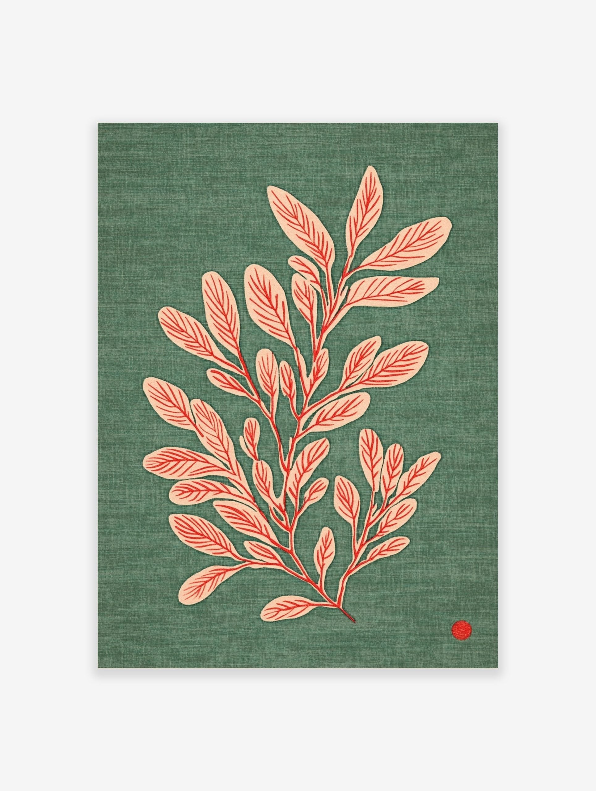 Botanical illustration of a leafy plant with pale pink leaves and red veins on a teal background with red dot