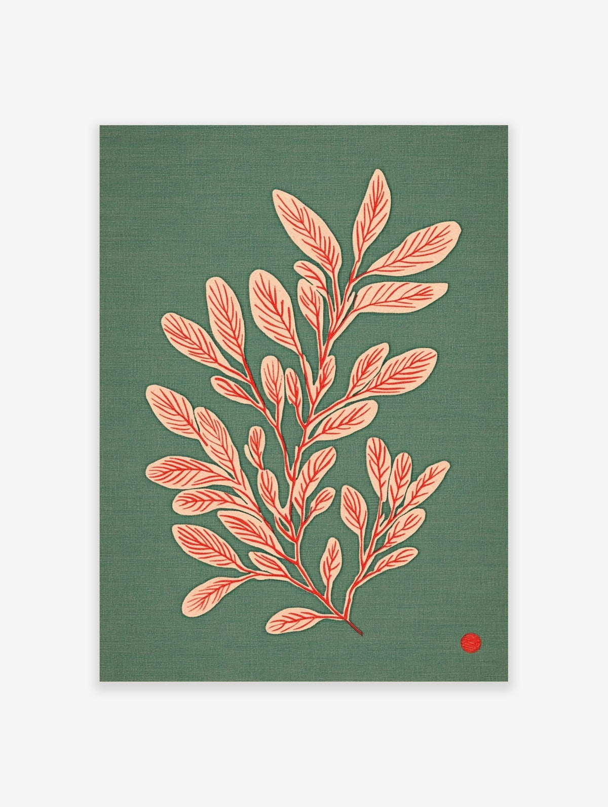 Botanical illustration of a leafy plant with pale pink leaves and red veins on a teal background with red dot