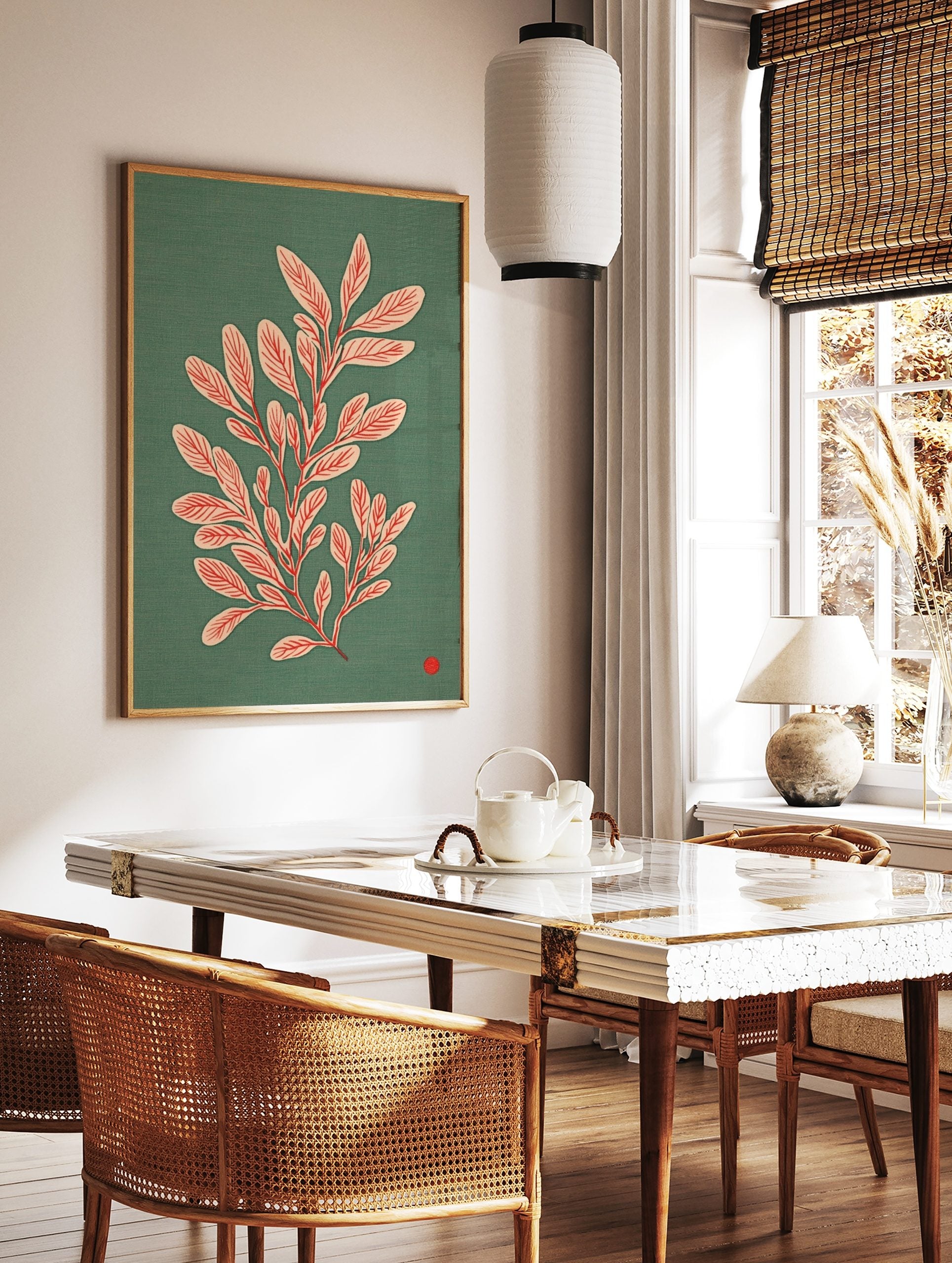 Botanical illustration of a leafy plant with pale pink leaves and red veins on a teal background, in a styled room mockup