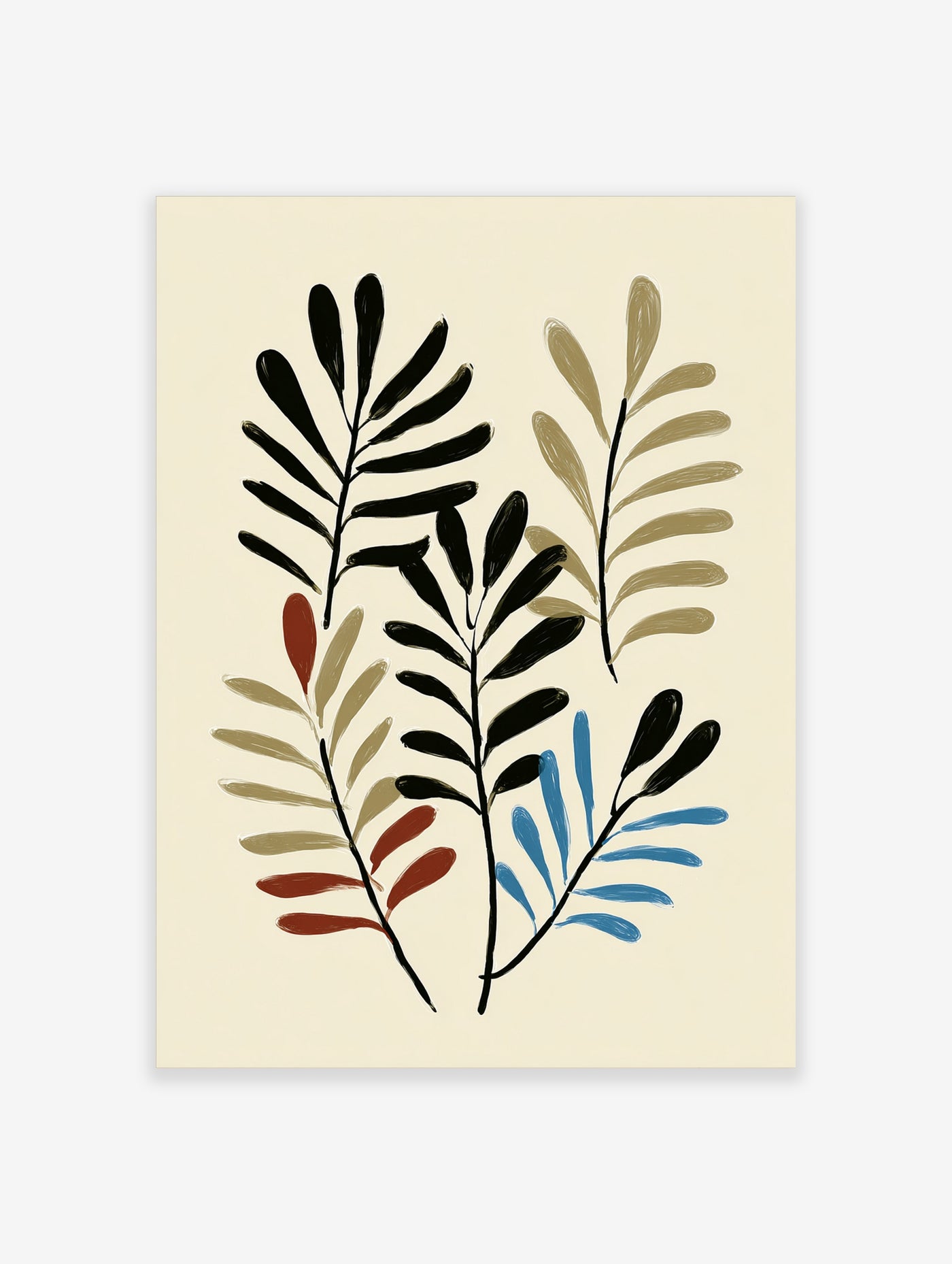 Abstract botanical leaf art print with black, beige, red, and blue leaves on cream background