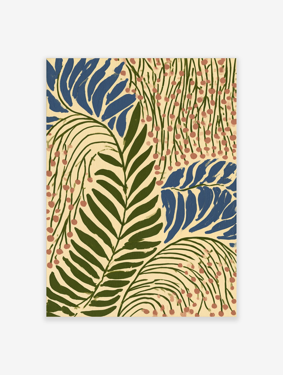 Botanical leaf art print with green fern, blue palm fronds and pink berries on cream background
