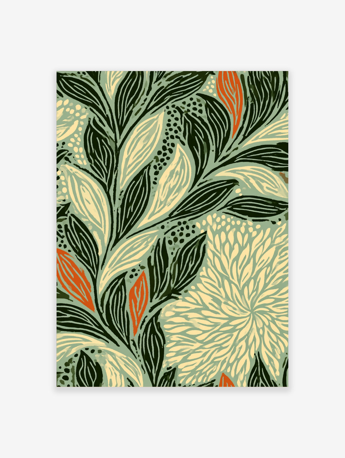 Botanical leaf pattern art print with dark green foliage, cream petals, and orange accents