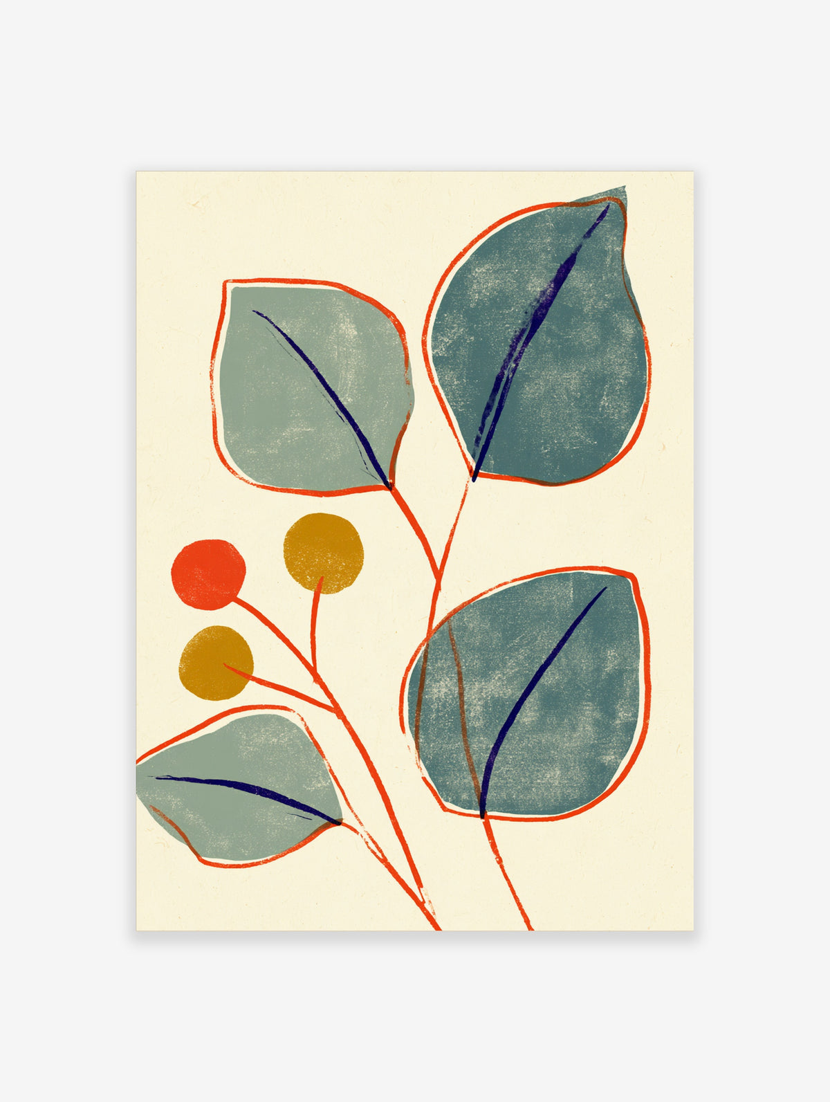 Botanical leaf wall art print with three teal leaves, orange outlines, and navy veins on cream background