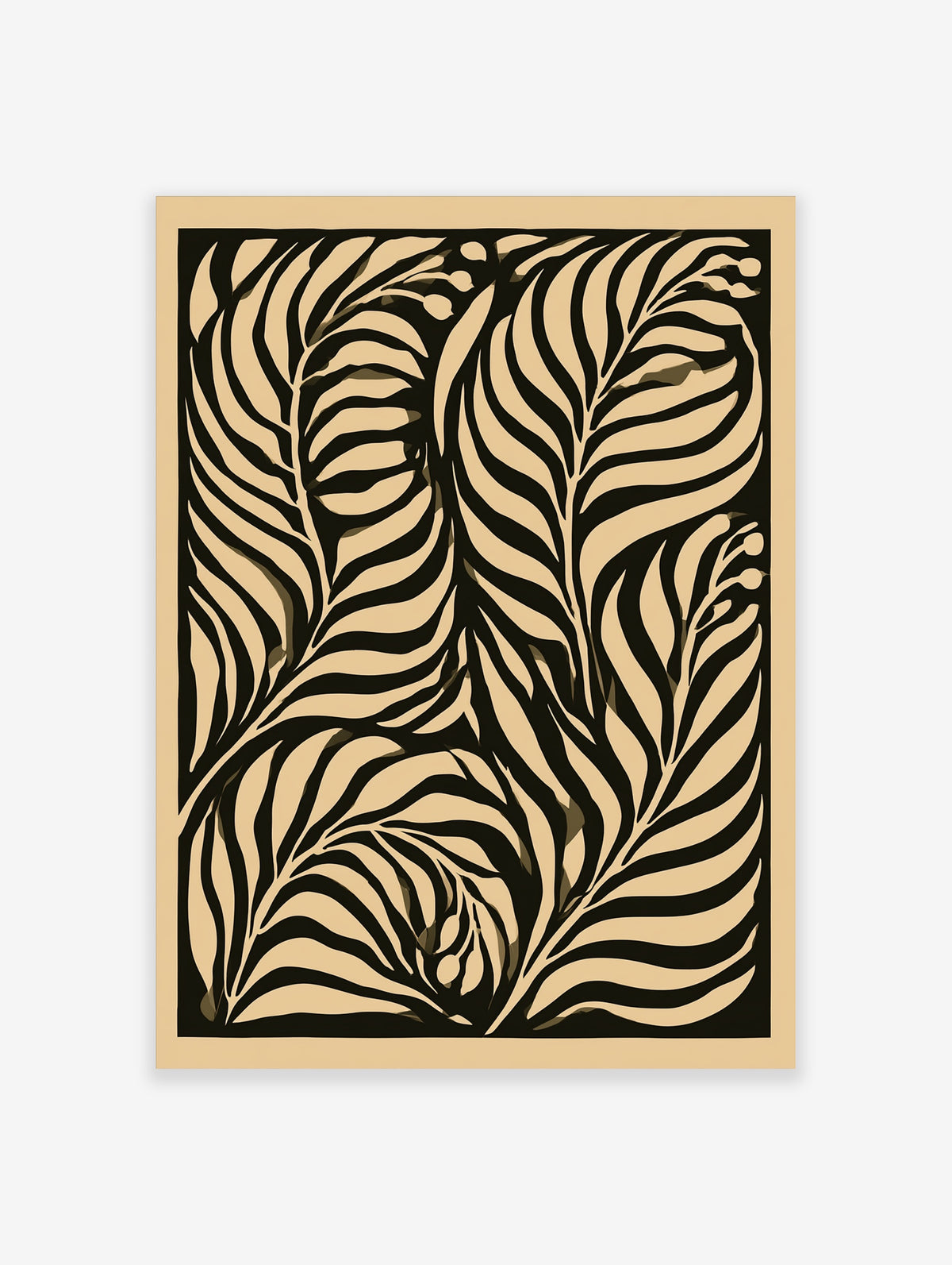 Black and beige botanical leaf art print with monstera and palm shapes