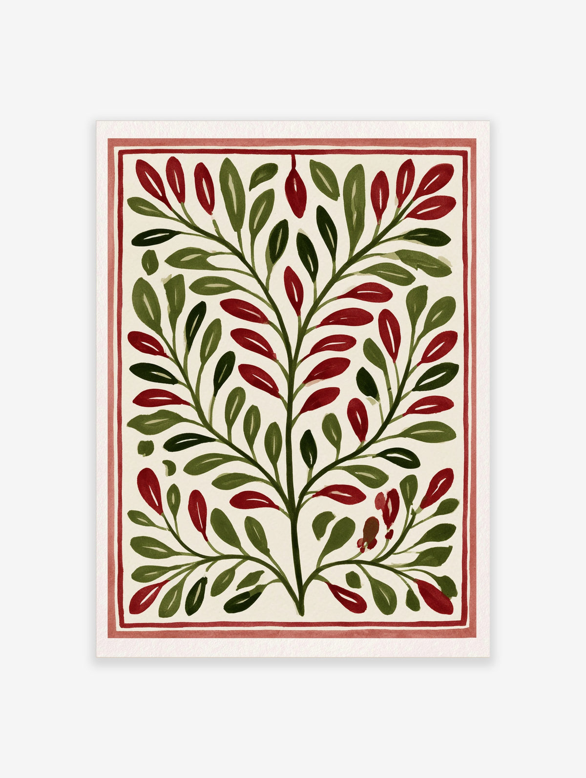 Botanical illustration with symmetrical green leaves and red berries on a cream background, framed by a red border