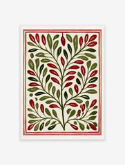 Botanical illustration with symmetrical green leaves and red berries on a cream background, framed by a red border