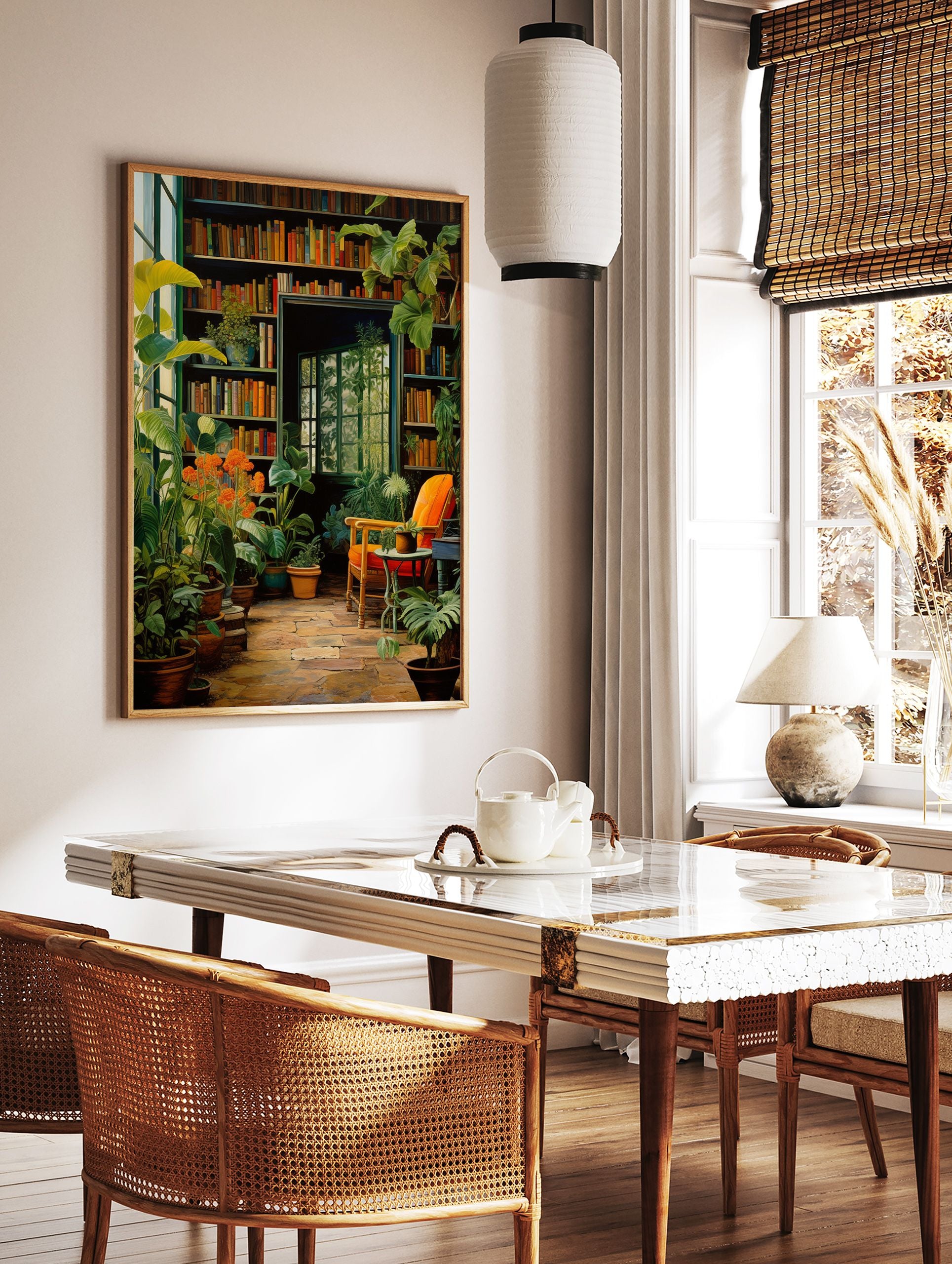 Botanical Library poster showing a cozy room filled with green plants, bookshelves, an orange chair, and a window. - Image 2