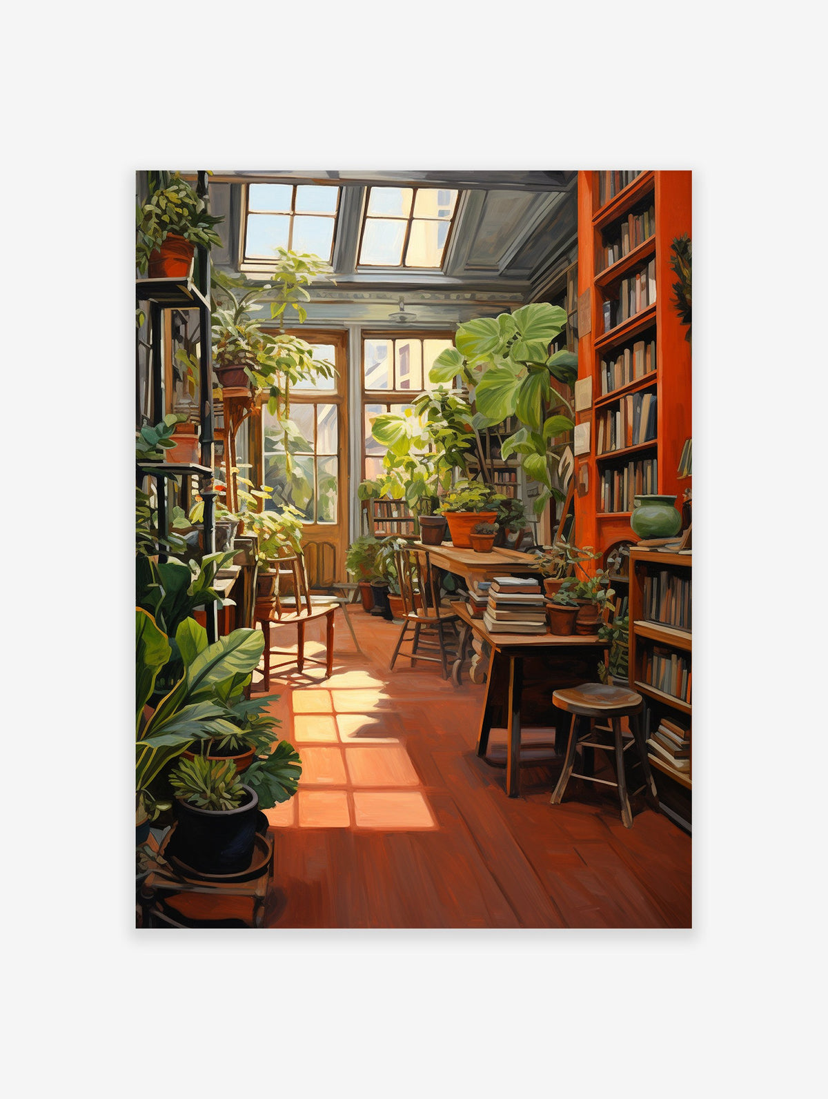 Botanical Library Poster showing a sunroom filled with lush green plants, bookshelves, wooden floor, and warm sunlight.