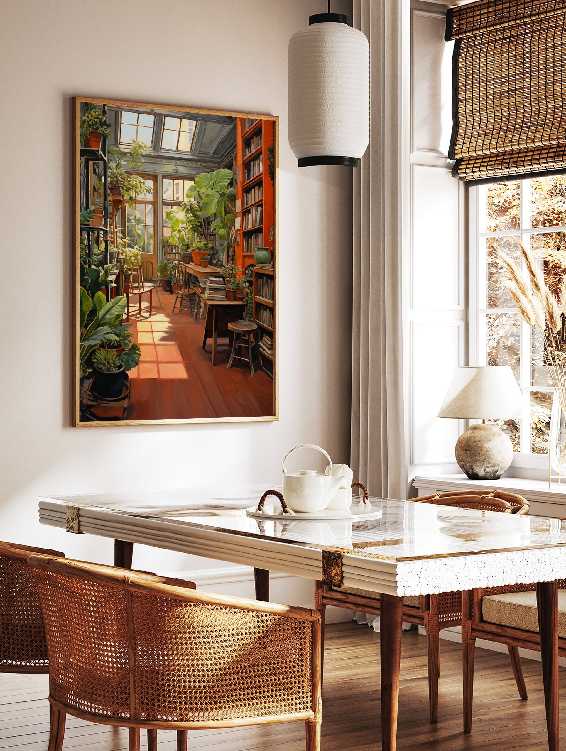 Botanical Library Poster showing a sunroom filled with lush green plants, bookshelves, wooden floor, and warm sunlight. - Image 2