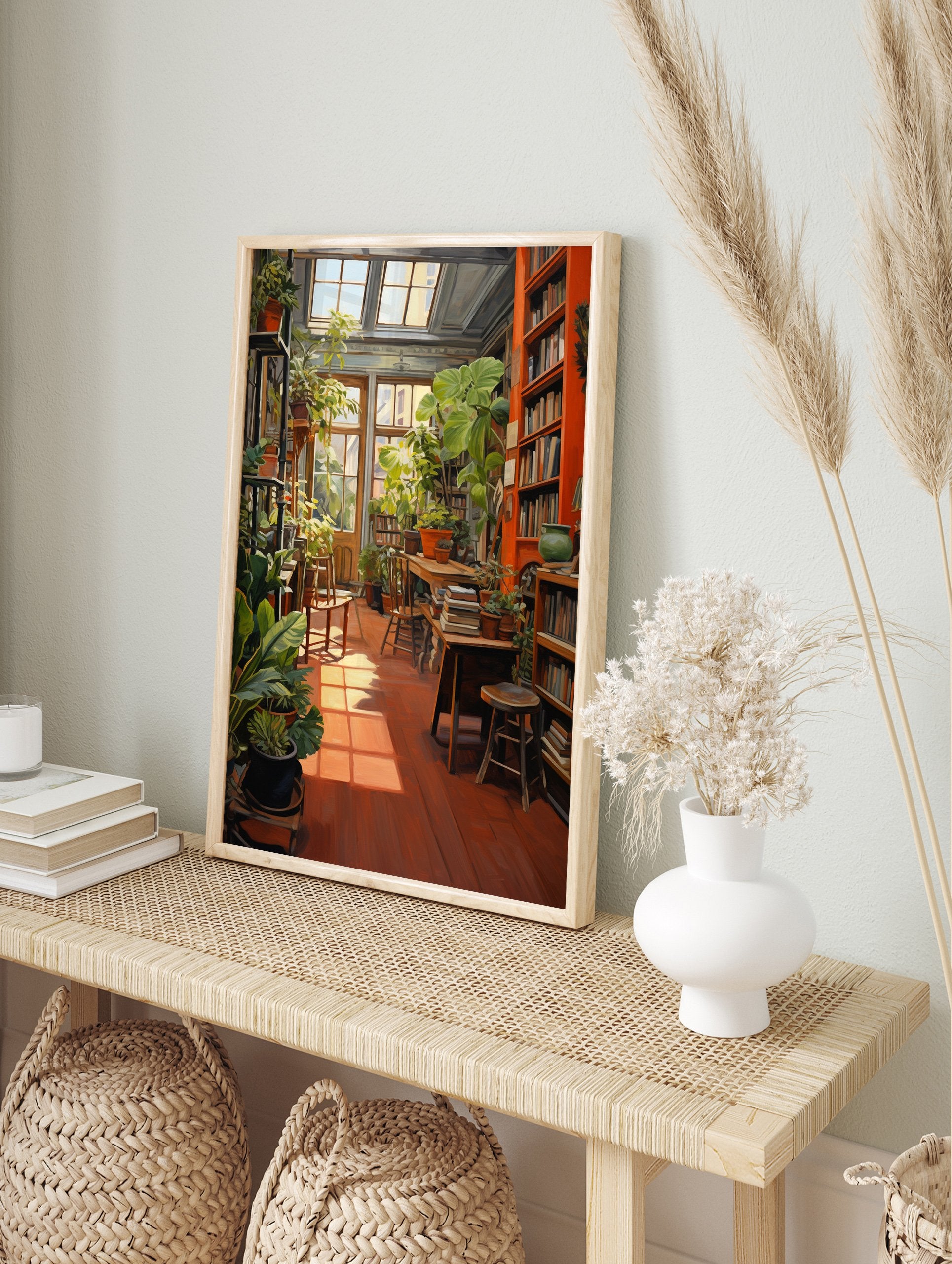 Botanical Library Poster showing a sunroom filled with lush green plants, bookshelves, wooden floor, and warm sunlight. - Image 4