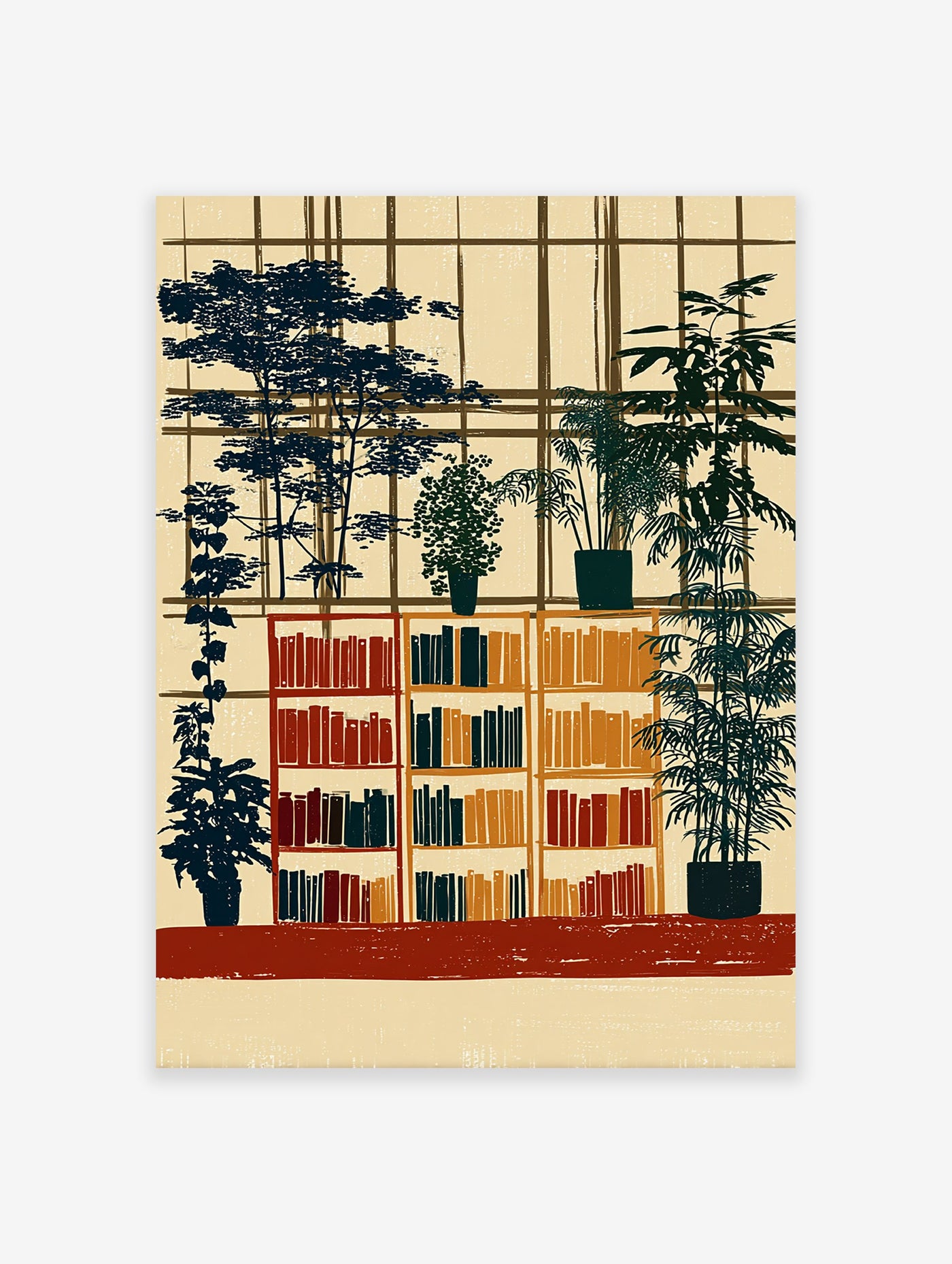 Botanical wall art print depicting an interior with bookshelves filled with books and potted plants against a window grid in earthy tones.
