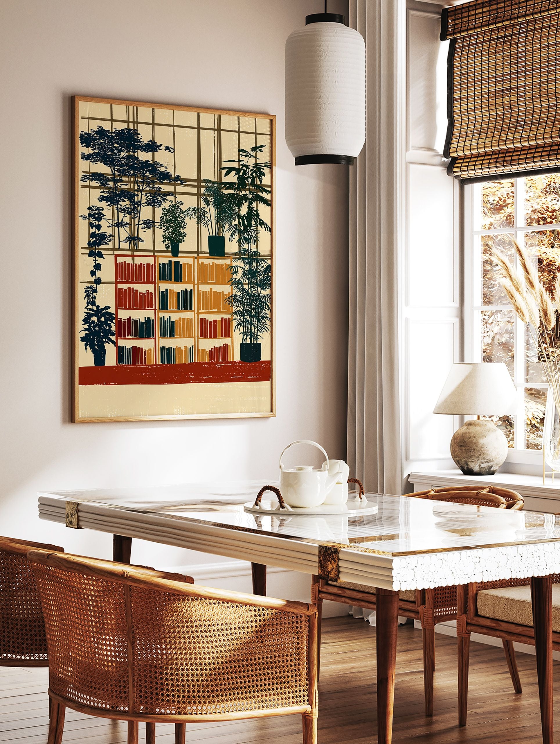 Botanical wall art print depicting an interior with bookshelves filled with books and potted plants against a window grid in earthy tones. - Image 2