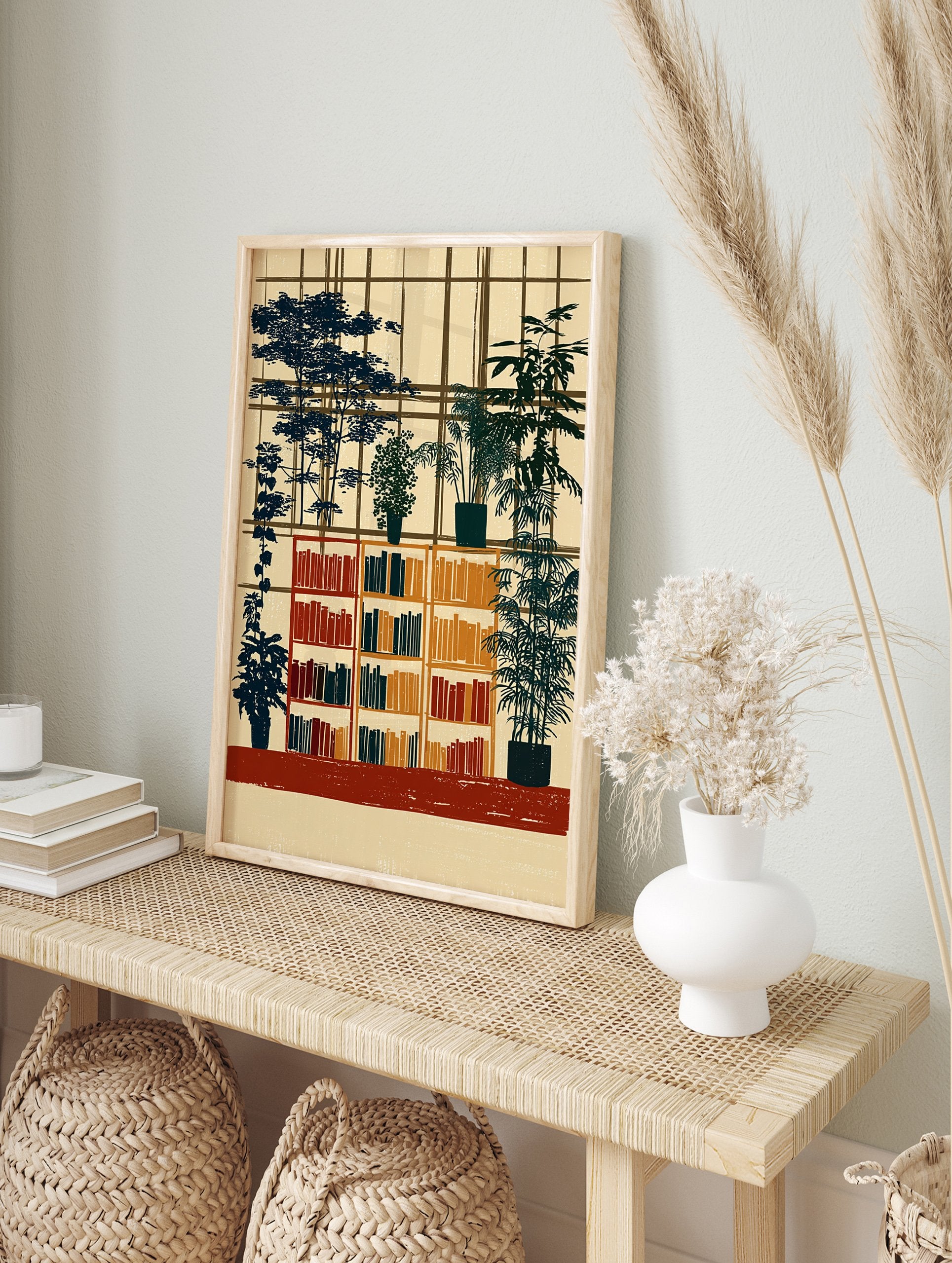 Botanical wall art print depicting an interior with bookshelves filled with books and potted plants against a window grid in earthy tones. - Image 3